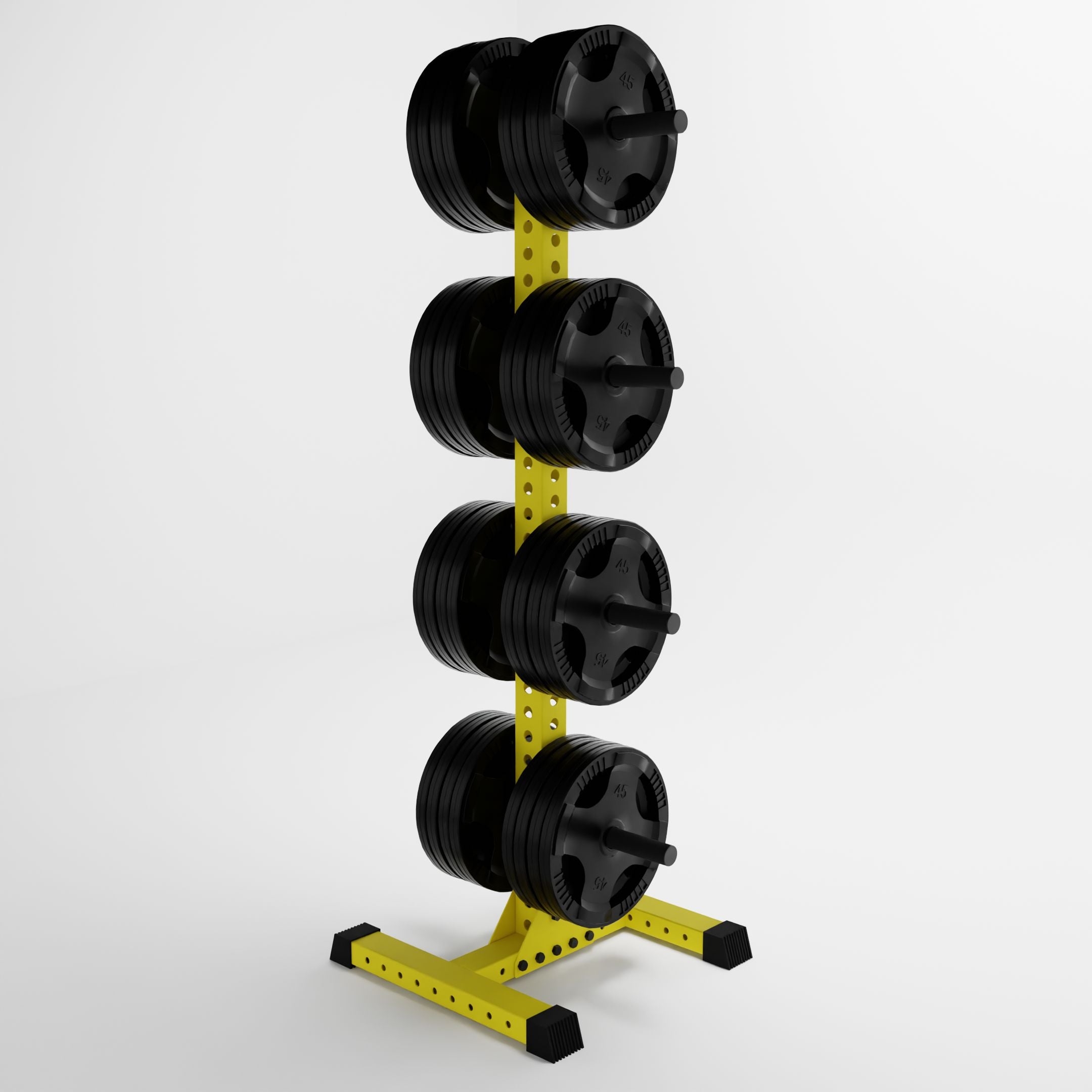 yellow delta 4-tier vertical weight plate tree storing weight plates side view