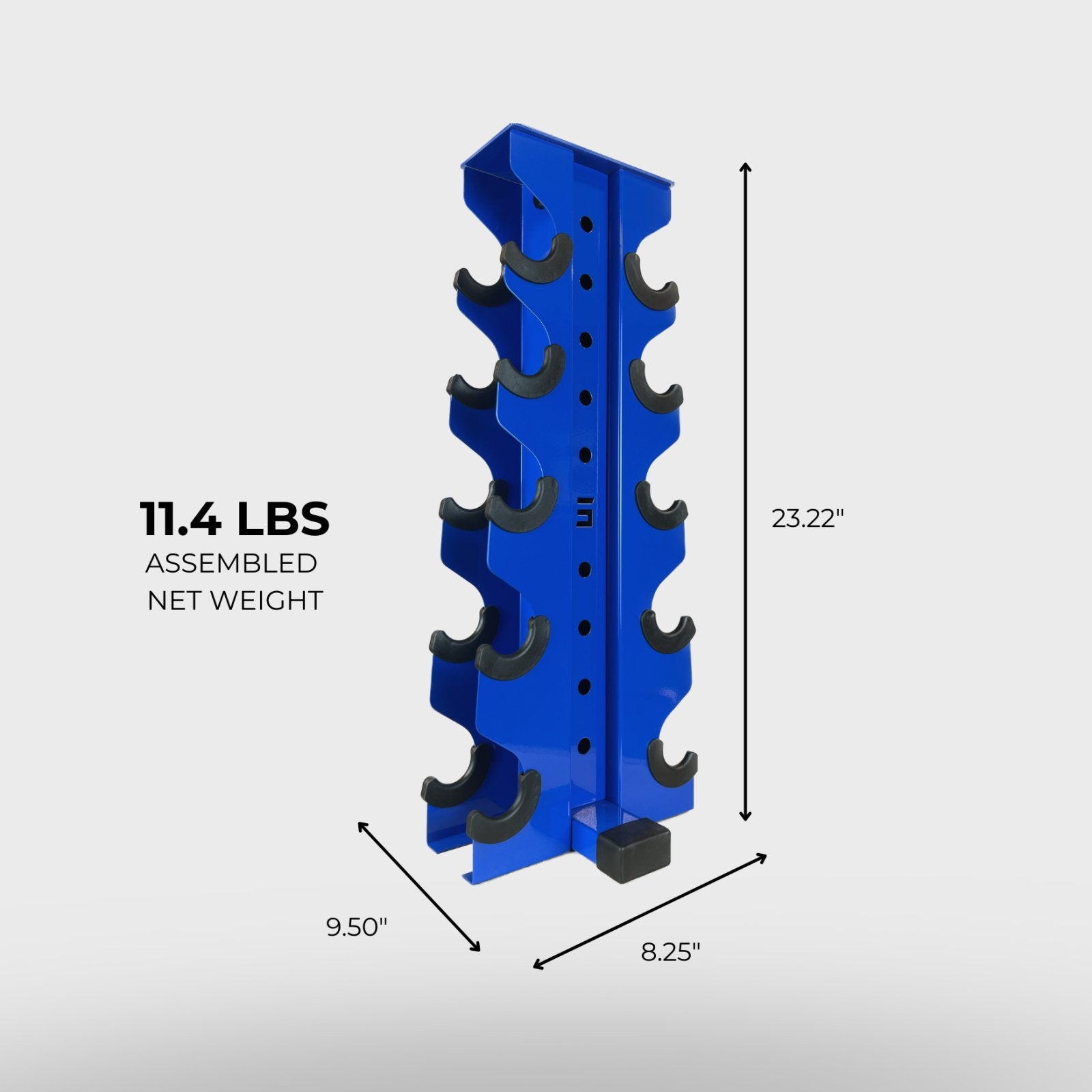 blue charlie 5-tier vertical dumbbell storage rack and its product dimensions