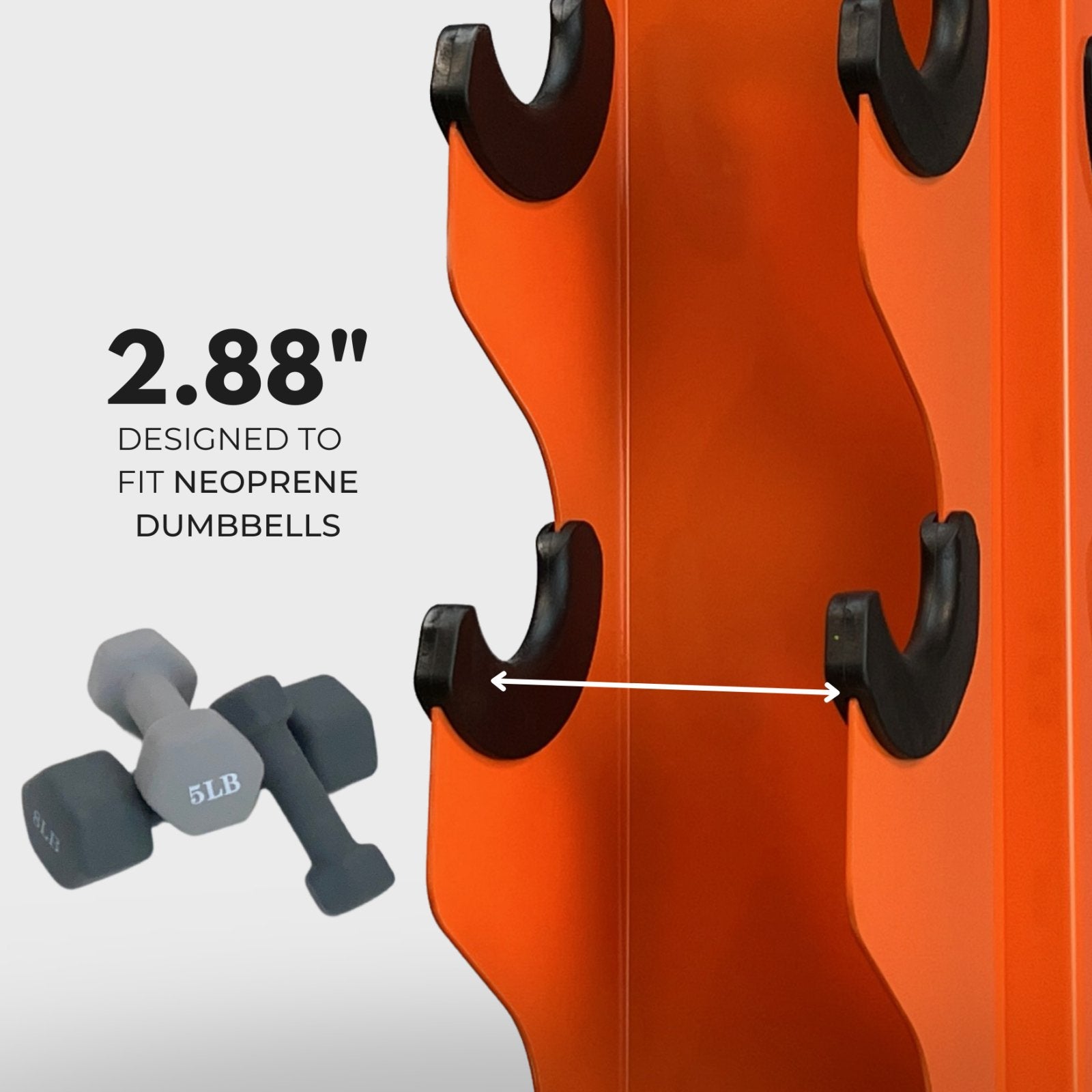 orange charlie 5-tier vertical dumbbell storage rack and a stack of neoprene dumbbells with text reading "2.88 inches: designed to fit neoprene dumbbells" with an arrow indicating the distance between tiers
