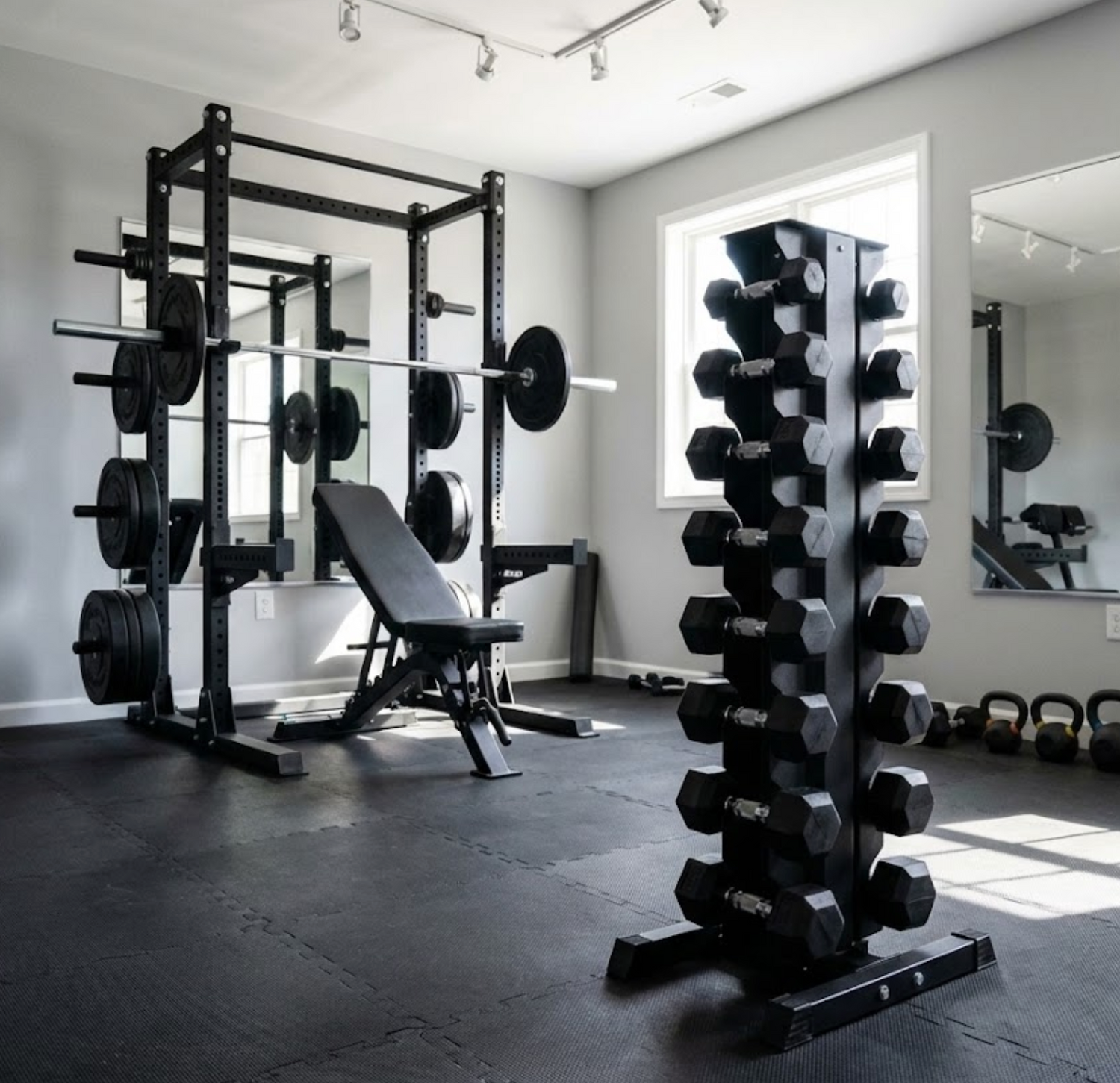 home gym with a vertical dumbbell rack and a squat rack