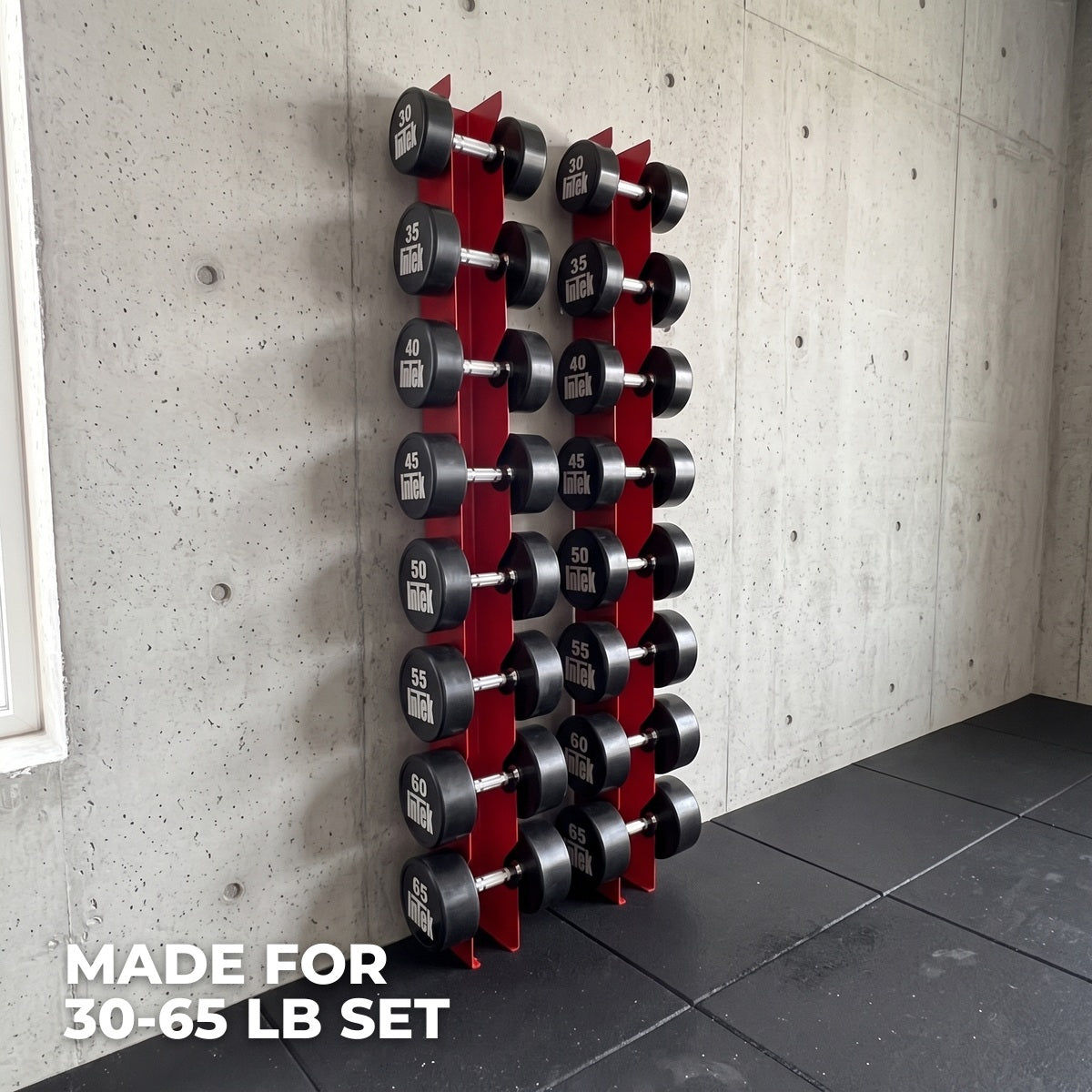 Delta Elite wall mount pair holding a 30-65 lb InTek round dumbbell set