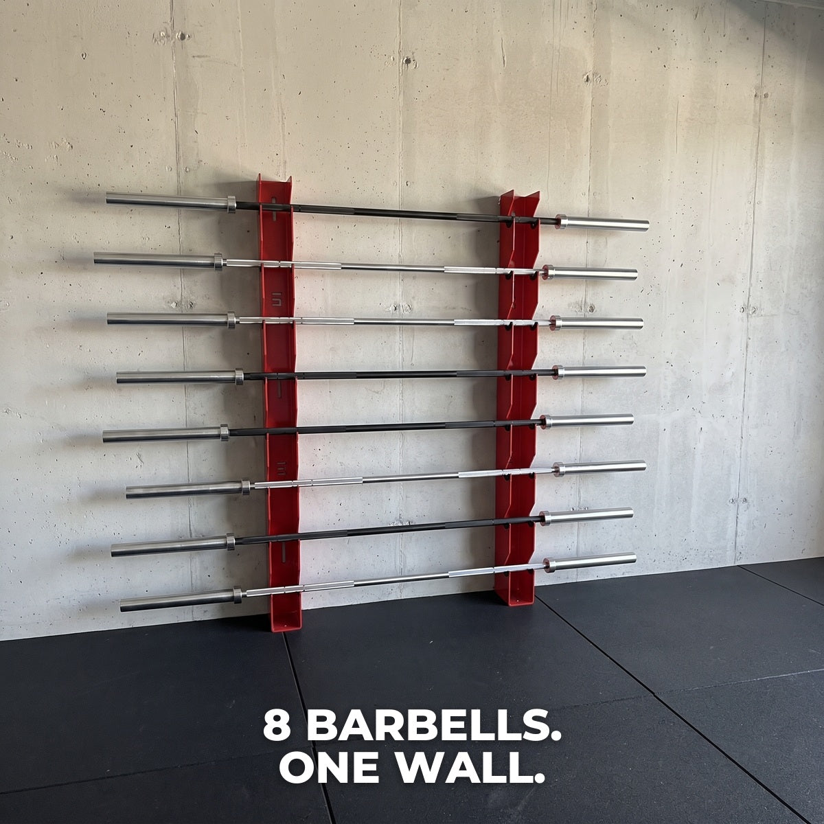 Delta Elite wall mounts storing 8 barbells on one wall