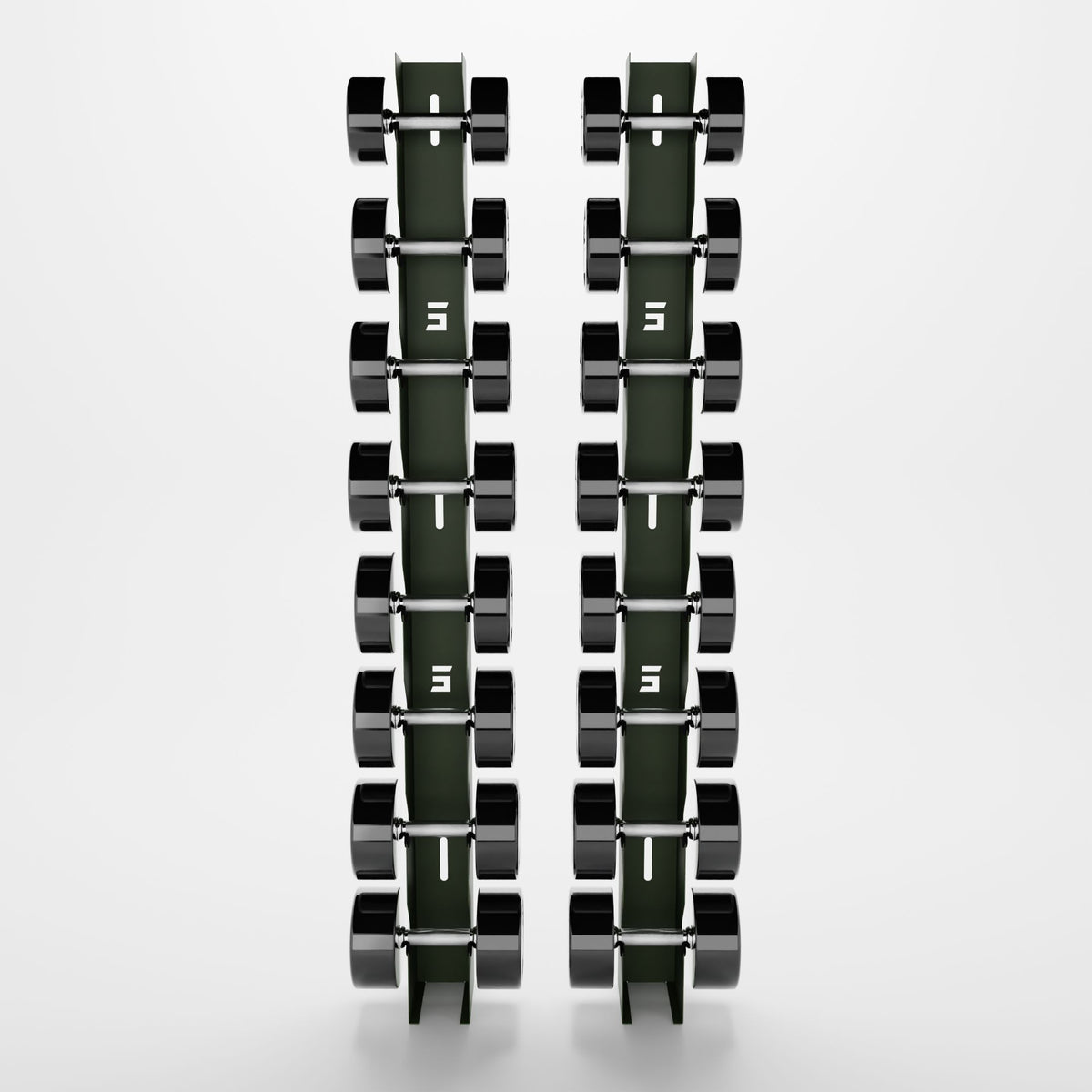 Delta Elite 8-tier wall mount in Military Green with InTek round dumbbells