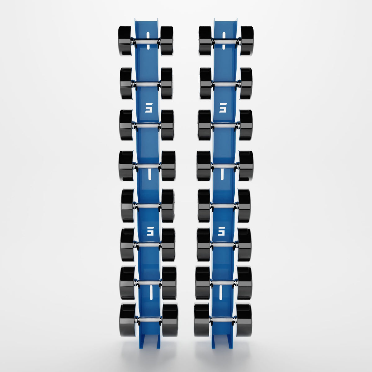 Delta Elite 8-tier wall mount in Synergy Blue with InTek round dumbbells