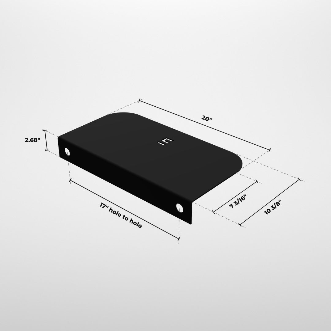 black double post kettlebell shelf dimensions, back view showing both mounting holes, 17 inch hole to hole