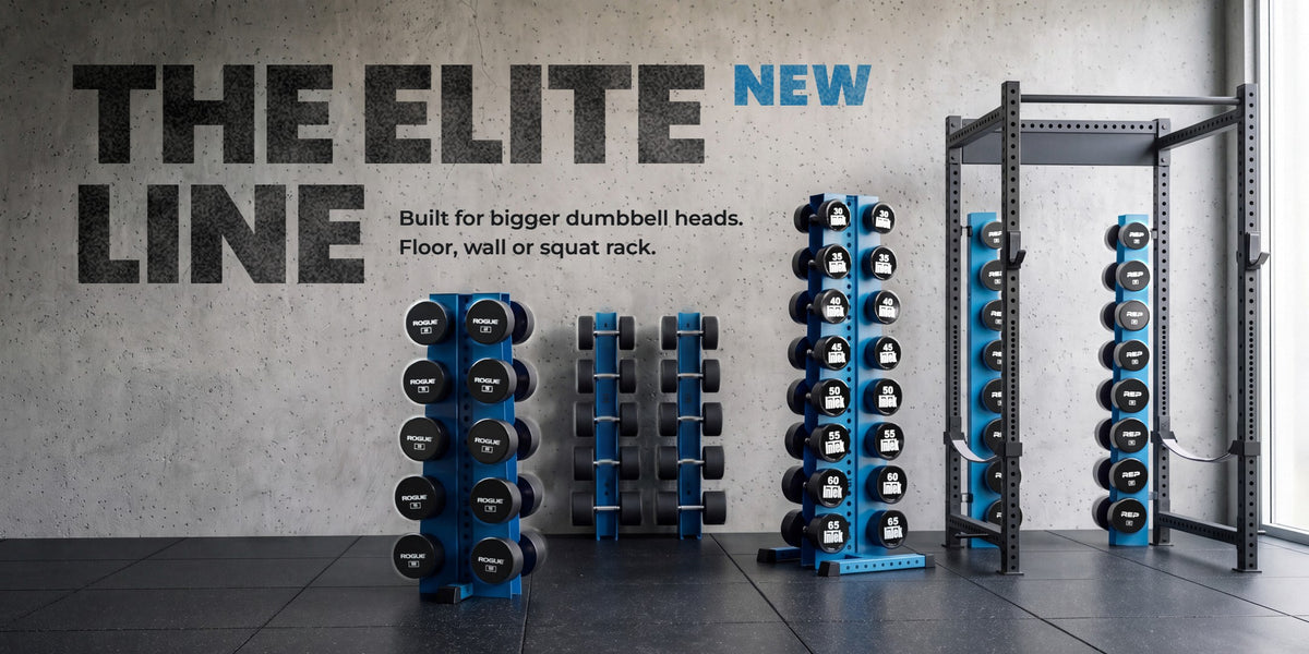 The Elite Line: Delta Elite and Alpha Elite dumbbell racks and wall mounts in Synergy Blue