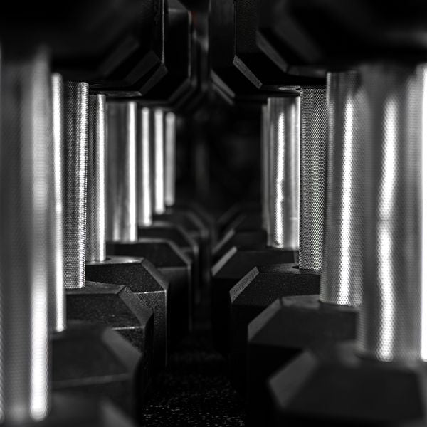 Close up of straight hard chrome dumbbell handles in a row of PRx hex dumbbells