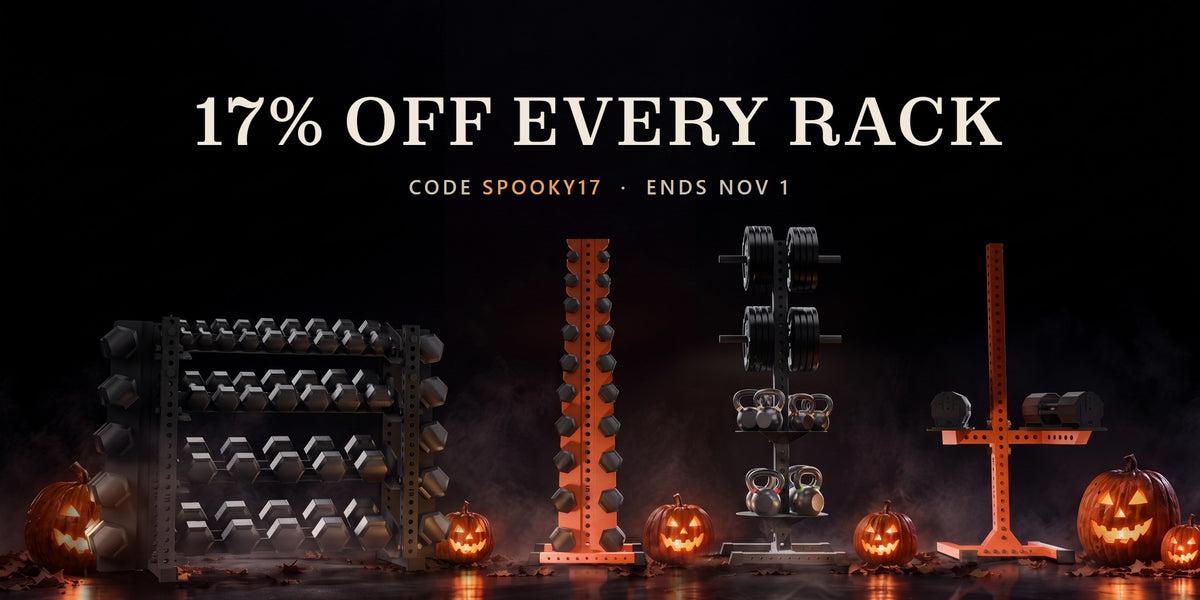 Synergy racks by candlelight with jack-o-lanterns: 17% off every rack, code SPOOKY17, ends Nov 1