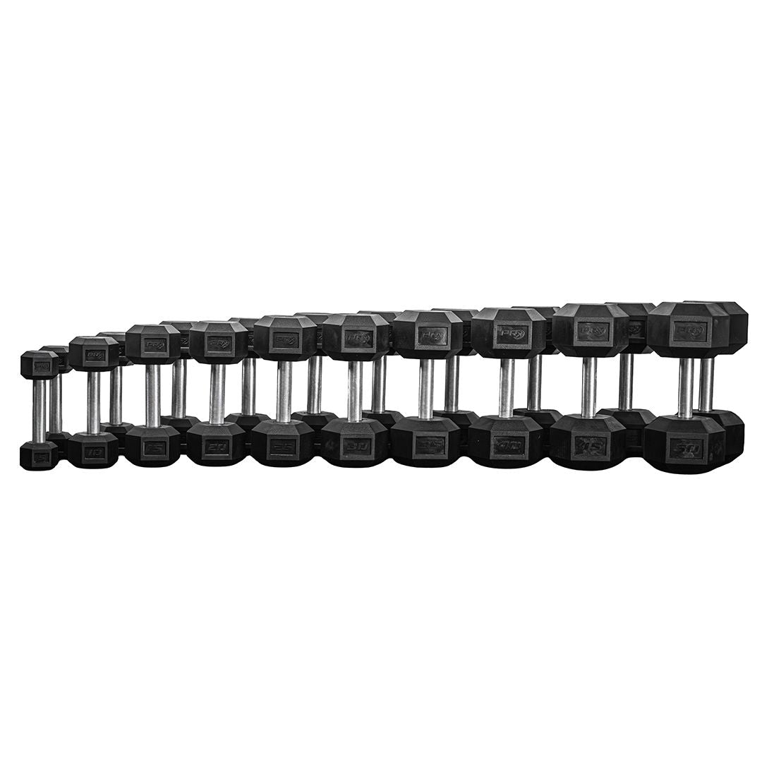 PRx Straight Handle Dumbbell Set, ten pairs of rubber hex dumbbells from 5 to 50 lb lined up by weight