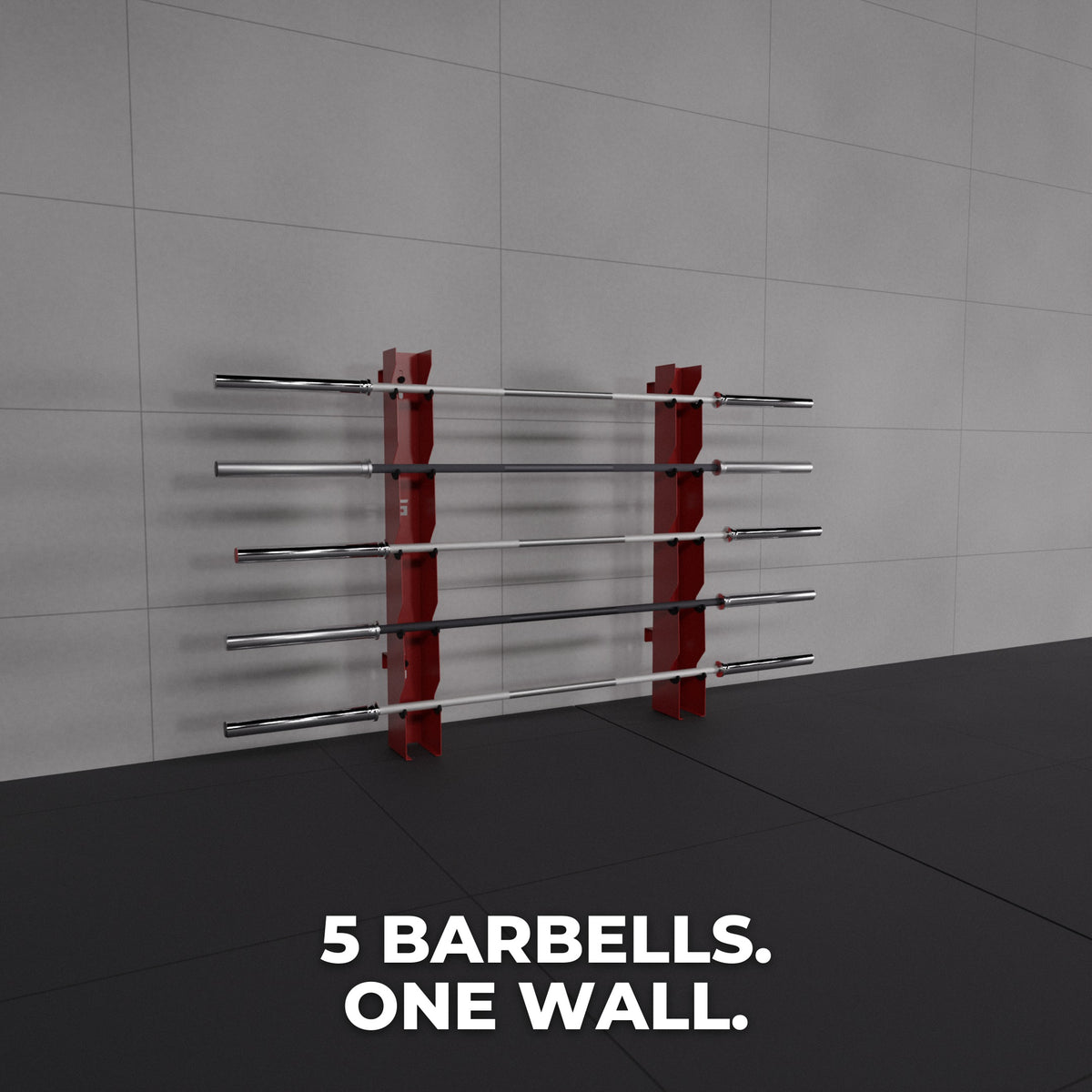 Two Alpha Elite 5-tier wall mounts holding 5 barbells on one wall