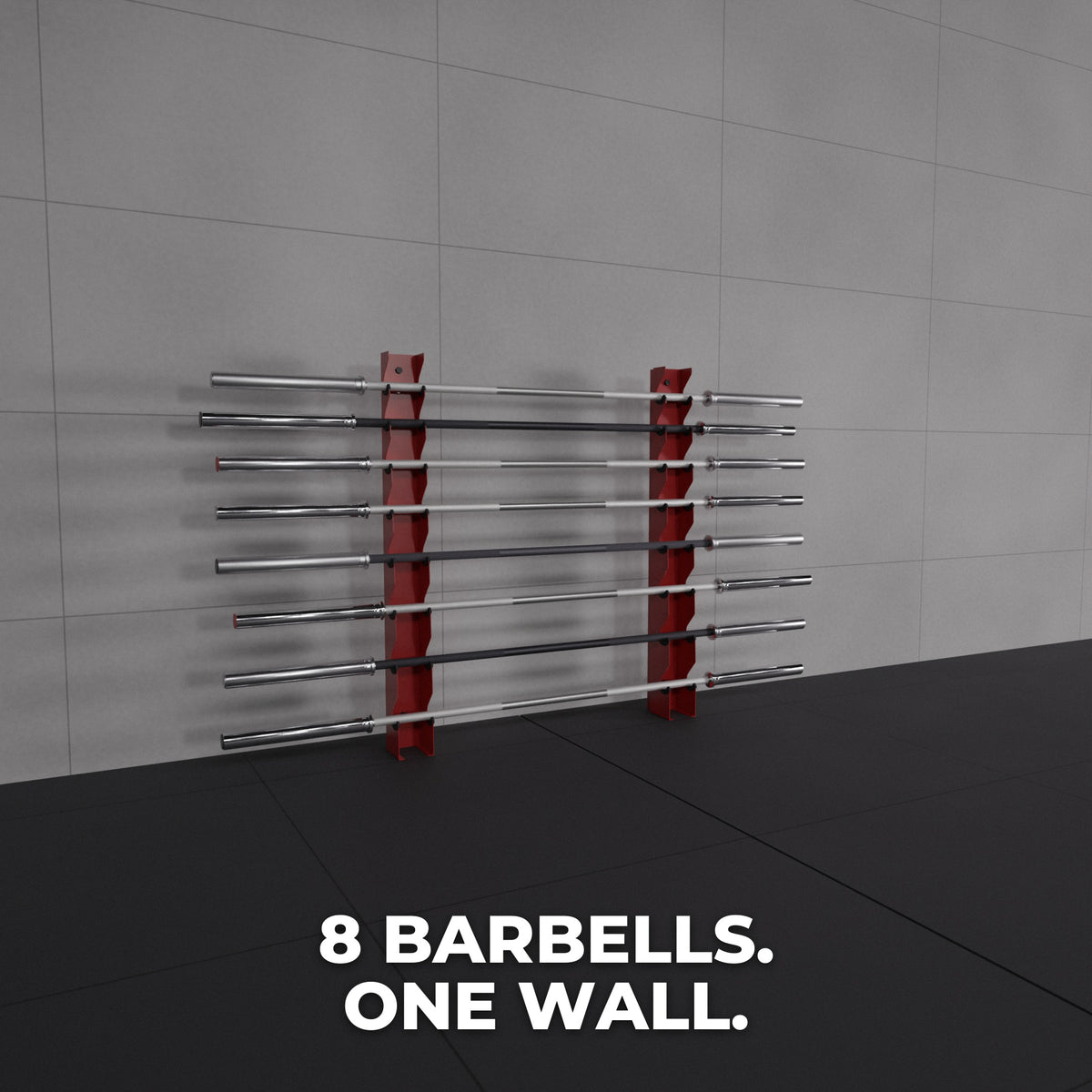 Two Alpha 8-tier wall mounts holding 8 barbells on one wall