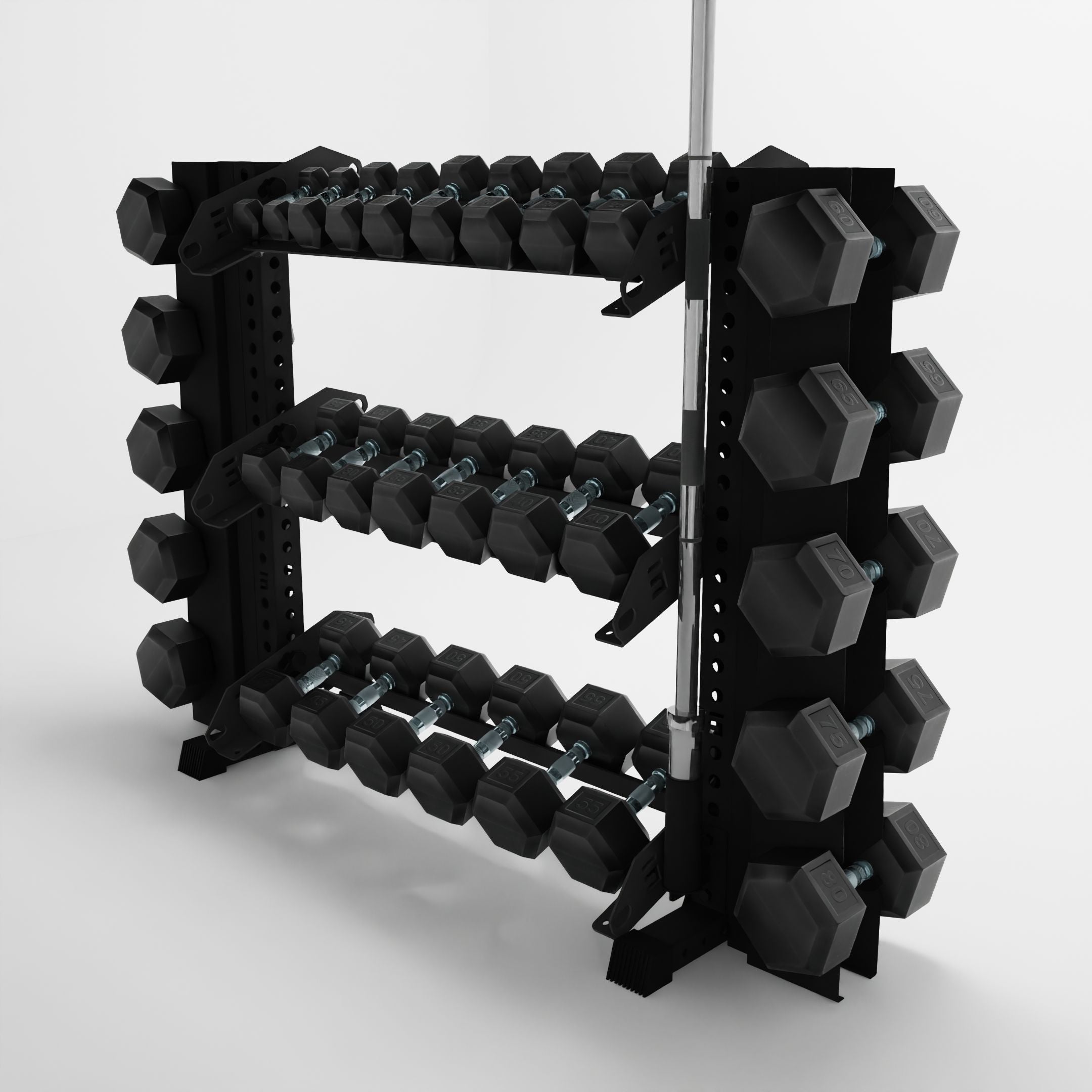 black 43-inch alpha 3-tier horizontal dumbbell rack with elite vertical add-ons storing dumbbells and a barbell using a storage attachment accessory