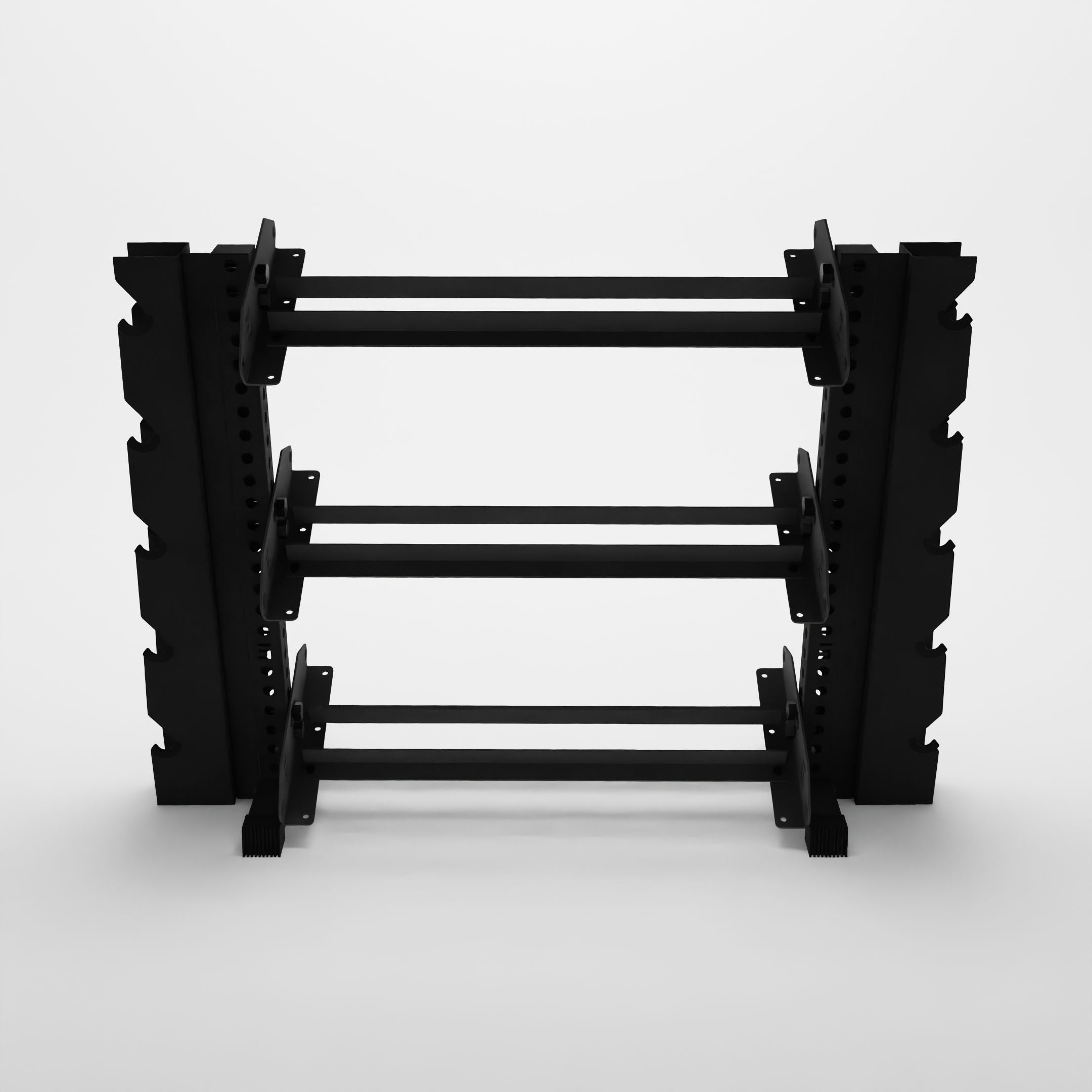 black 43-inch alpha 3-tier horizontal dumbbell storage rack with elite vertical add-ons