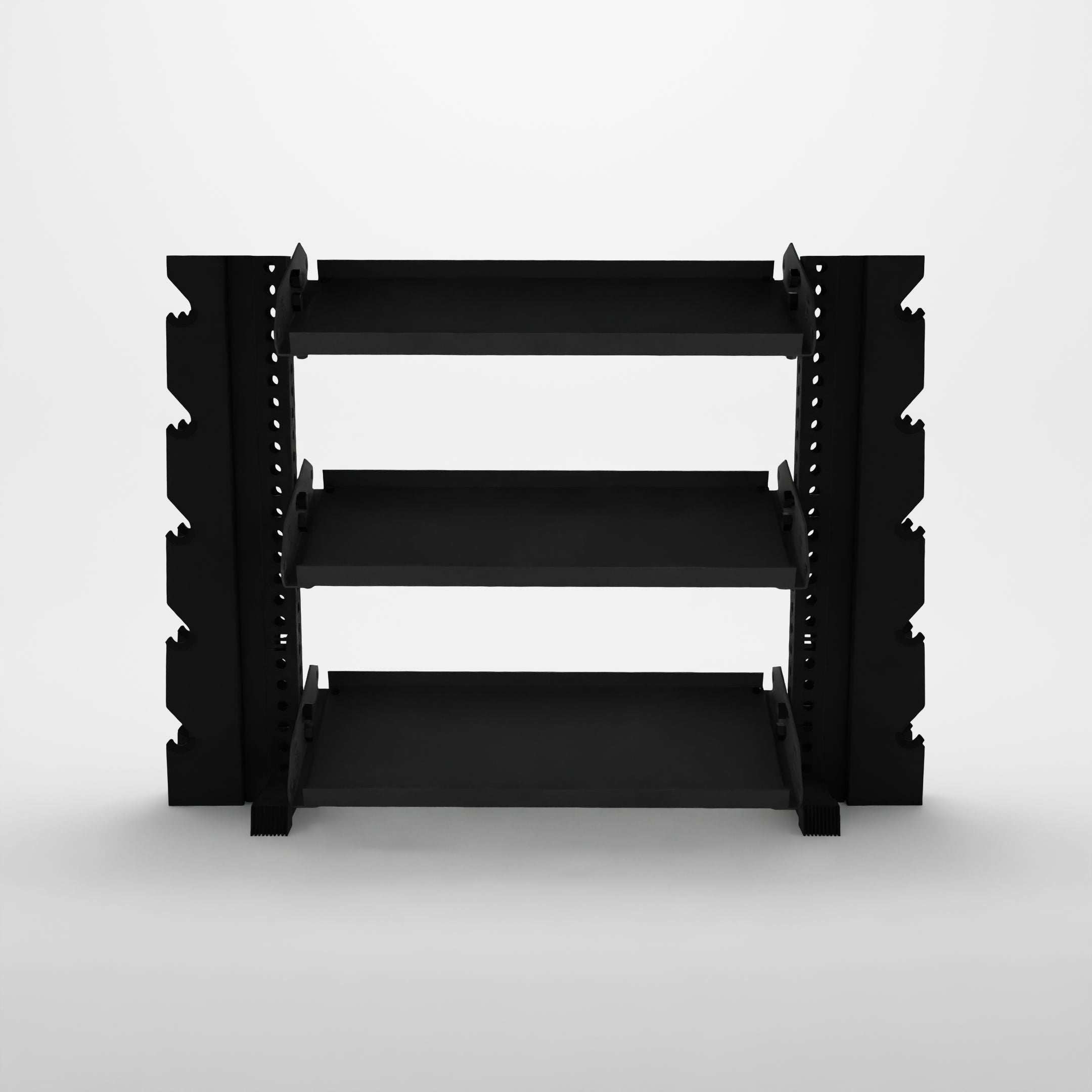 black 43-inch alpha 3-tier horizontal dumbbell rack with elite vertical add-ons and flat shelving