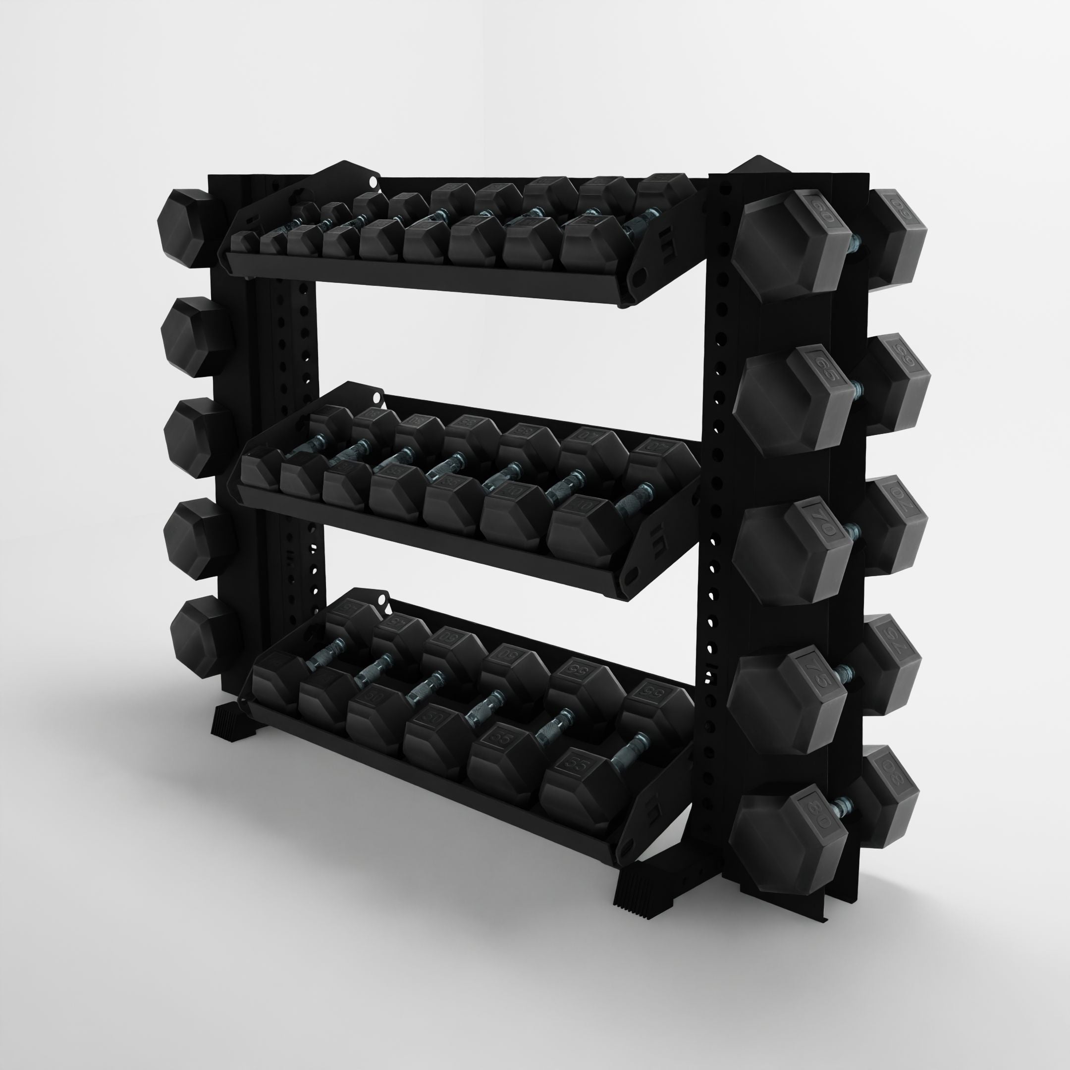 black 43-inch alpha 3-tier horizontal dumbbell rack with elite vertical add-ons and flat shelves side view