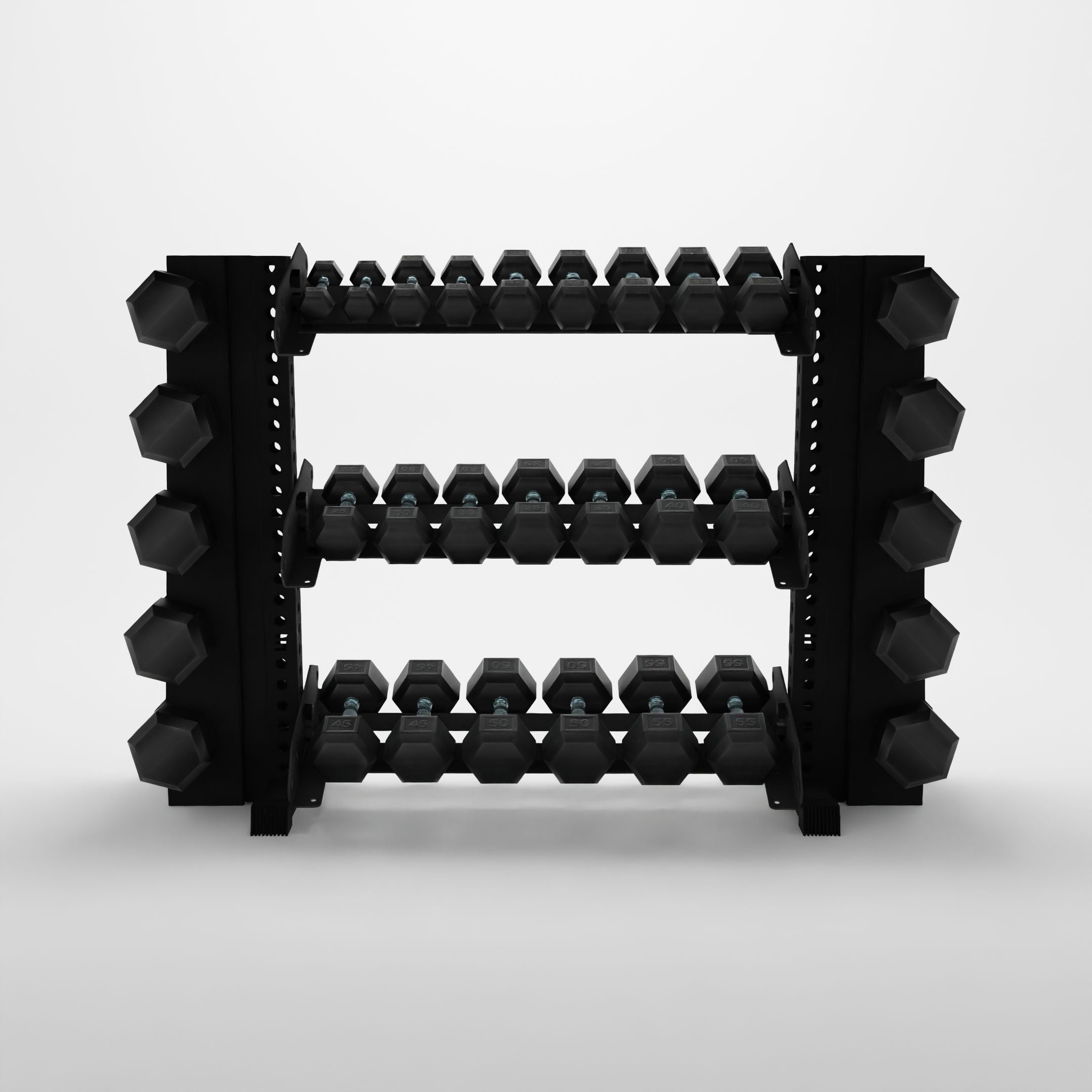 black 43-inch alpha 3-tier horizontal dumbbell rack with elite vertical add-ons storing hex dumbbells