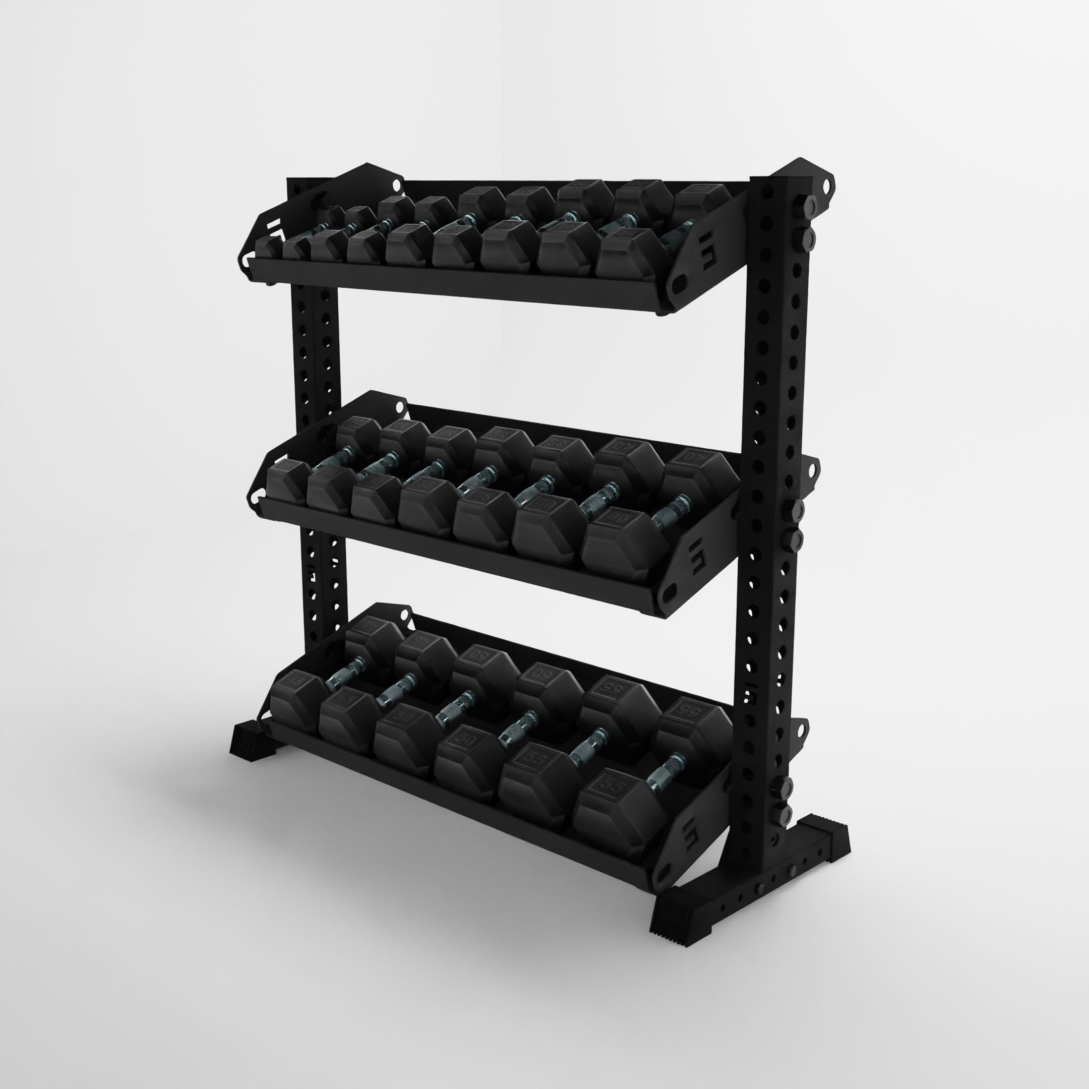 black 43-inch alpha 3-tier horizontal dumbbell rack with flat shelves storing hex dumbbells side view