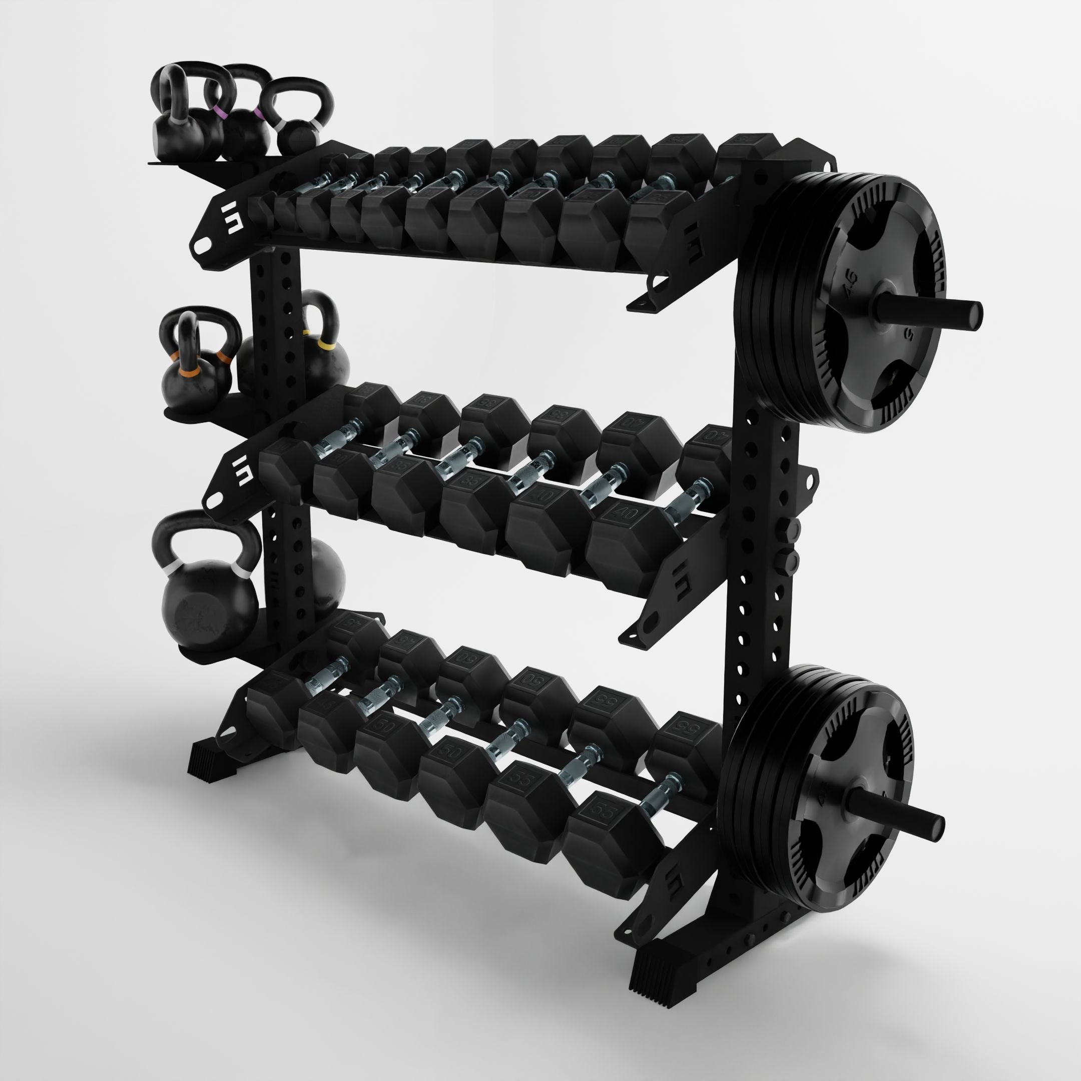 black 43-inch alpha 3-tier horizontal dumbbell rack storing dumbbells, weight plates, and kettlebells using storage attachment accessories