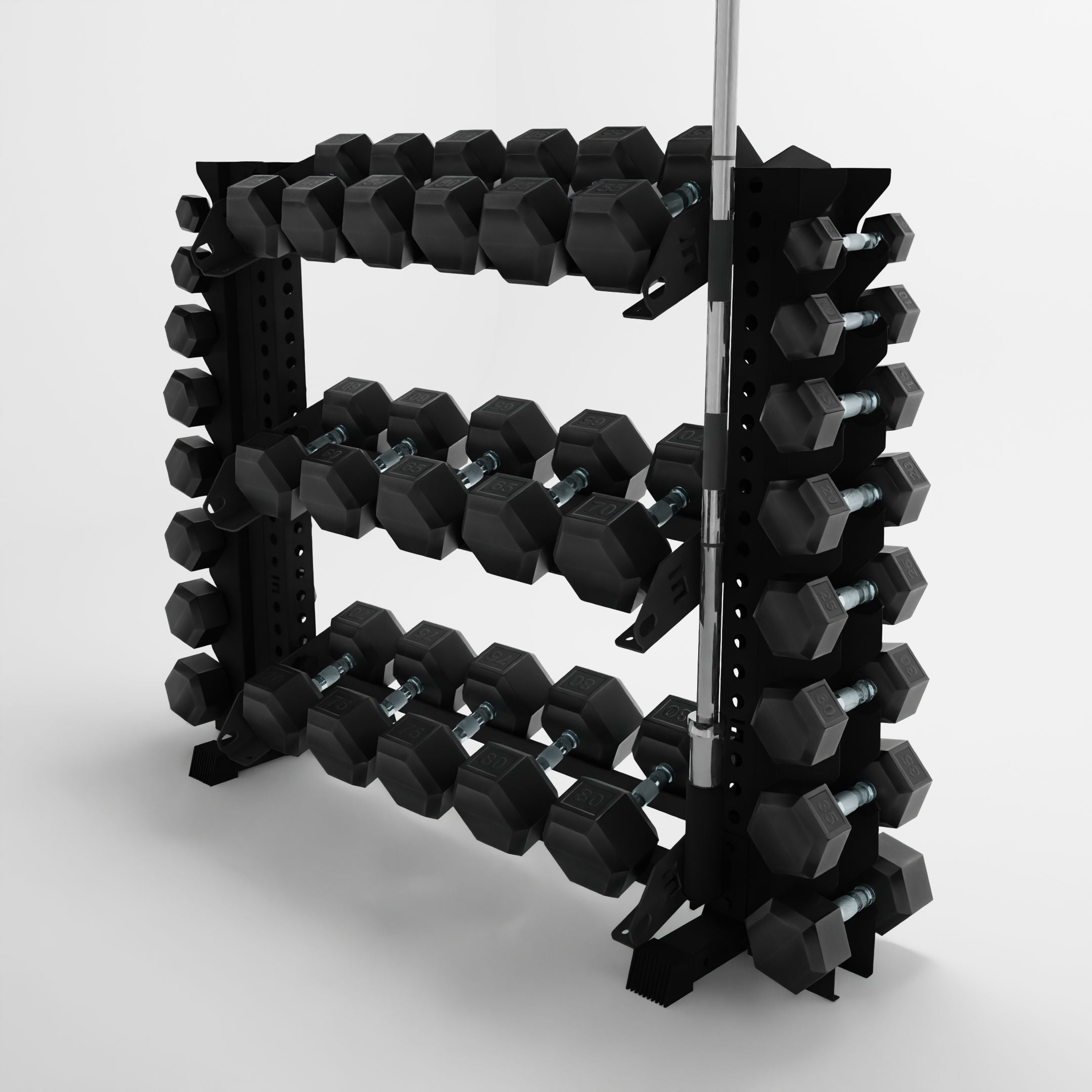 black 43-inch alpha 3-tier horizontal dumbbell rack with vertical add-ons storing dumbbells and a barbell using a storage attachment accessory