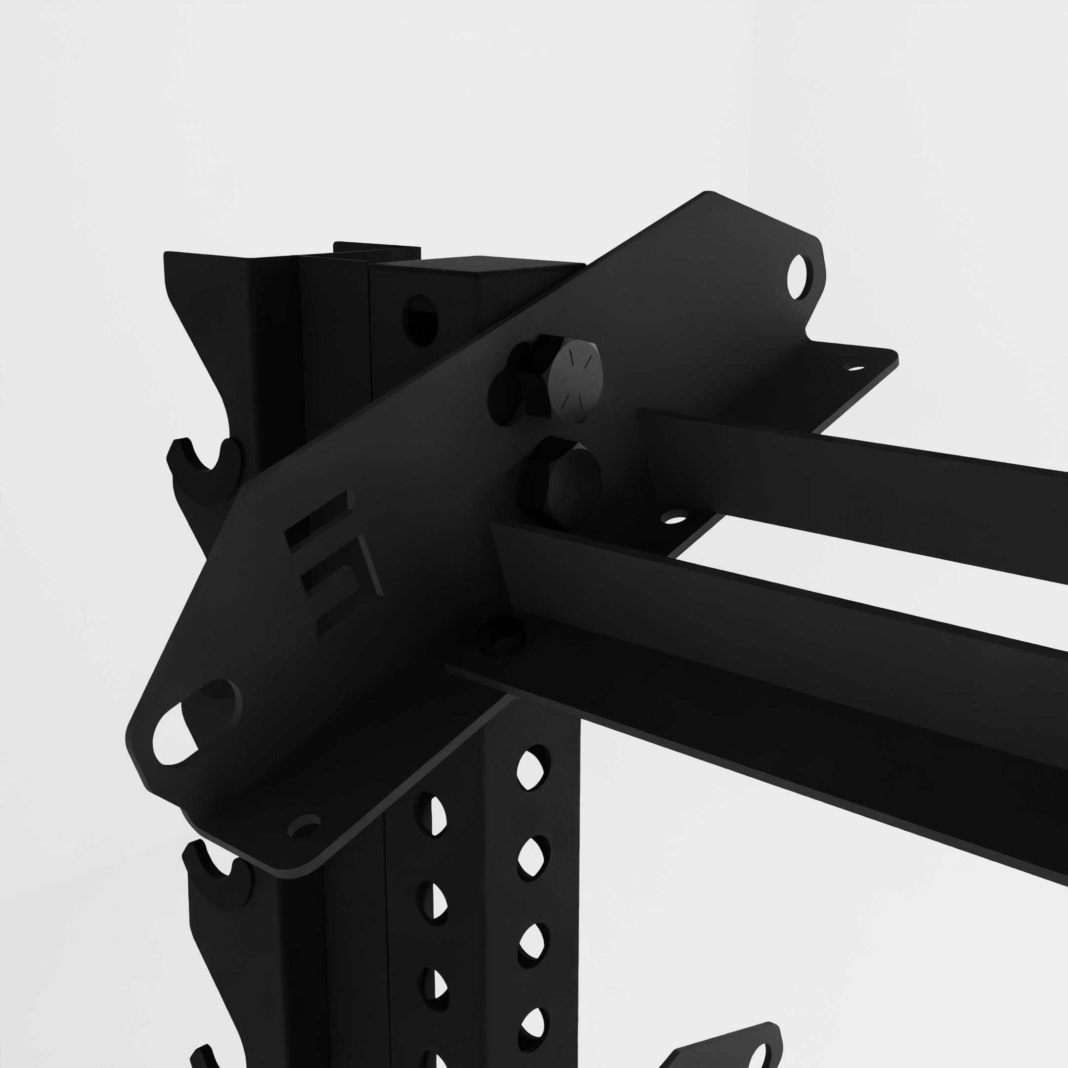 black 43-inch alpha 3-tier horizontal dumbbell rack with vertical add-ons close up view