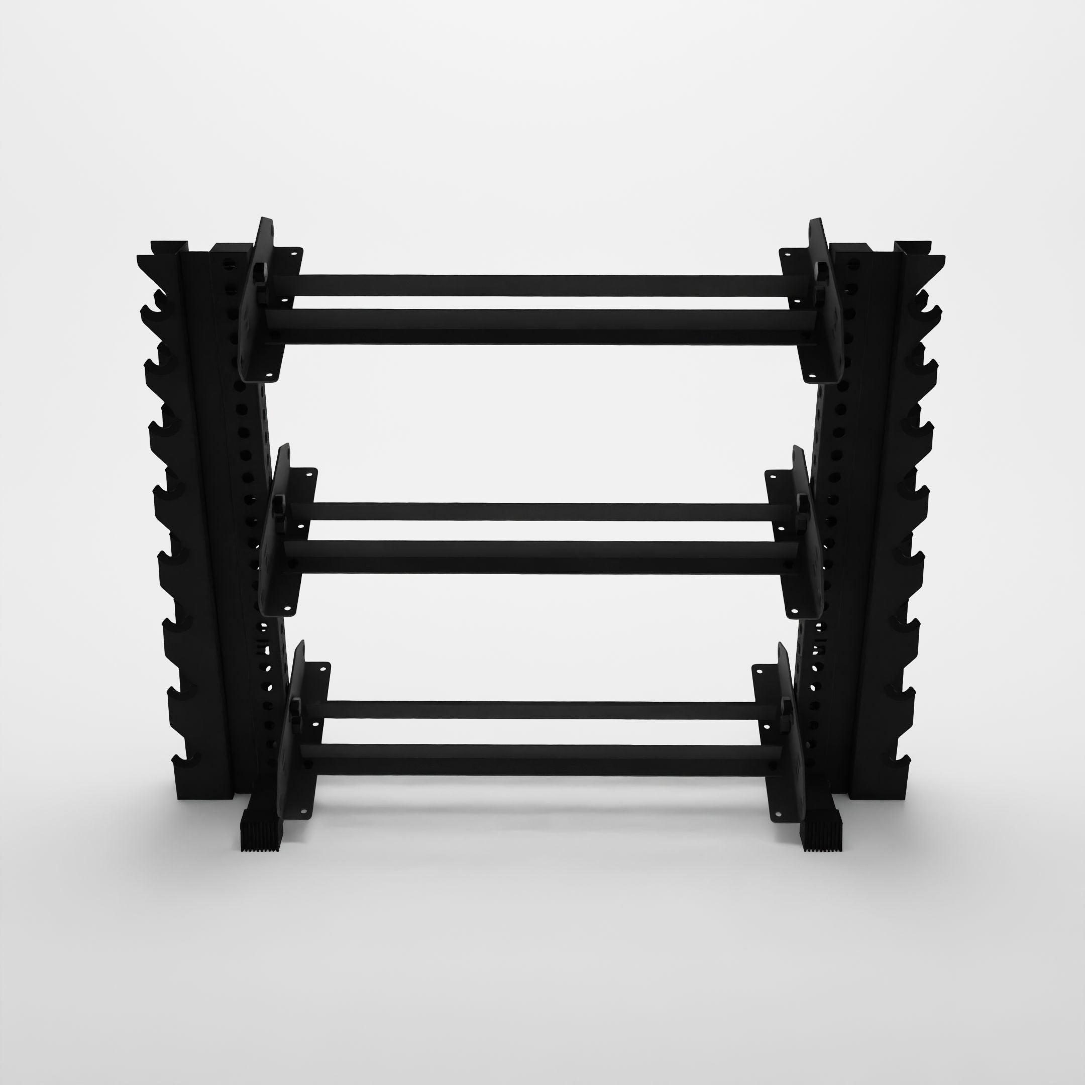 black 43-inch alpha 3-tier horizontal dumbbell rack with vertical add-ons