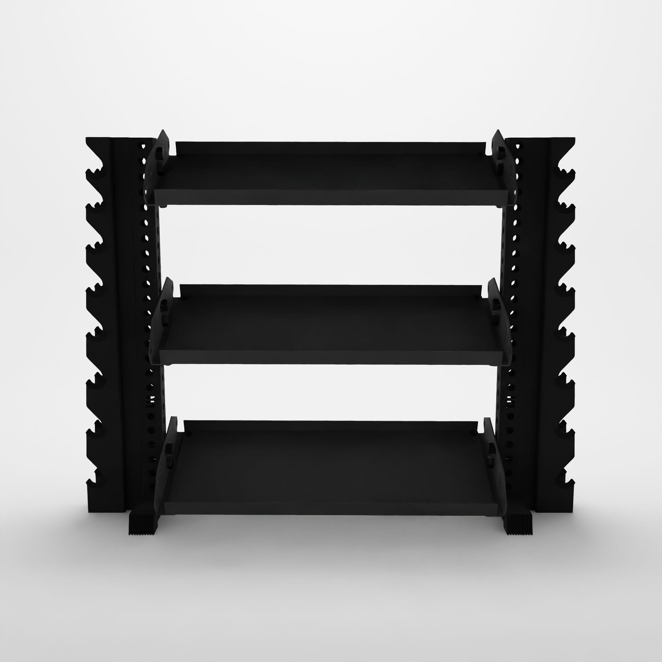 black 43-inch alpha 3-tier horizontal dumbbell rack with vertical add-ons and flat shelving