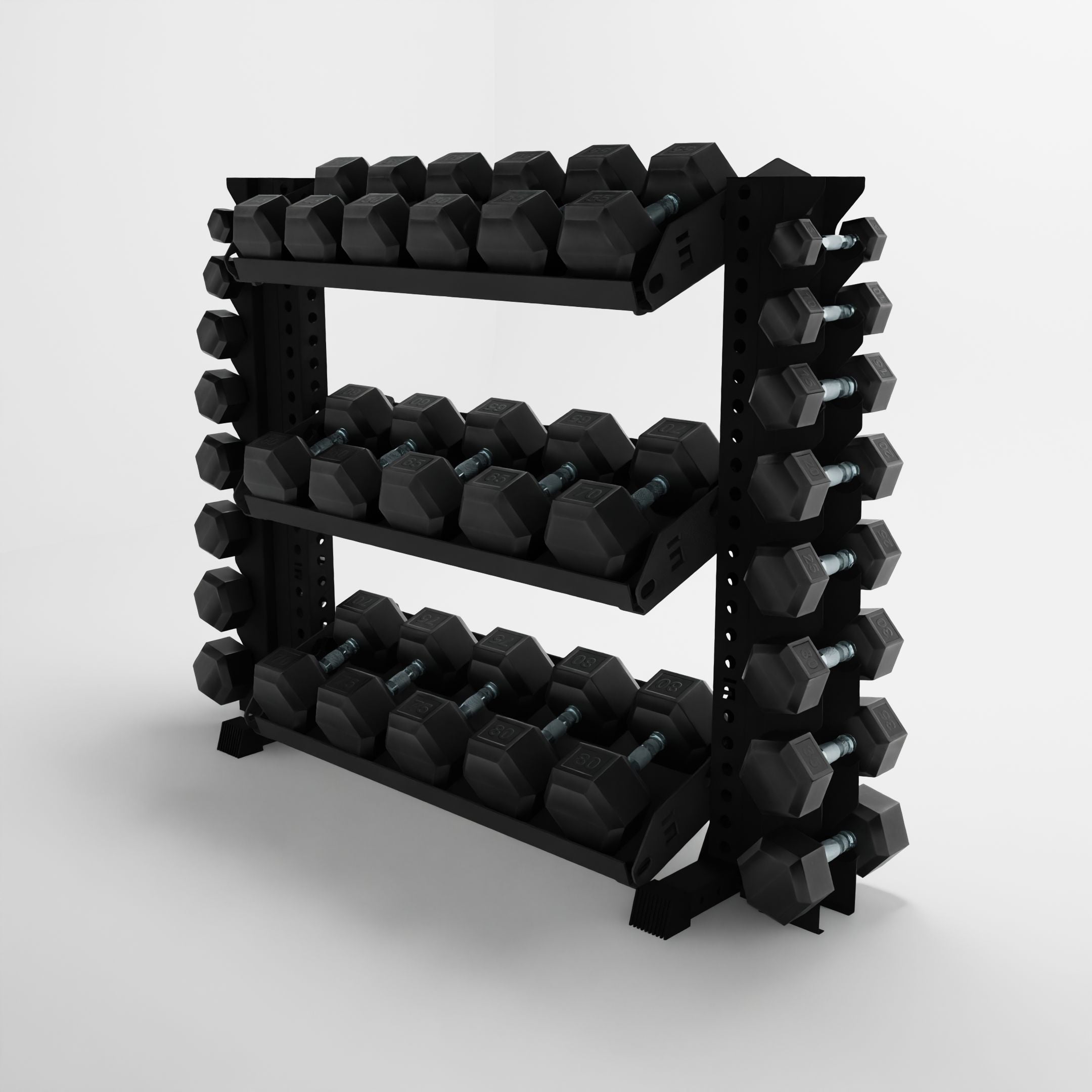 black 43-inch alpha 3-tier horizontal dumbbell rack with vertical add-ons and flat shelves storing hex dumbbells side view