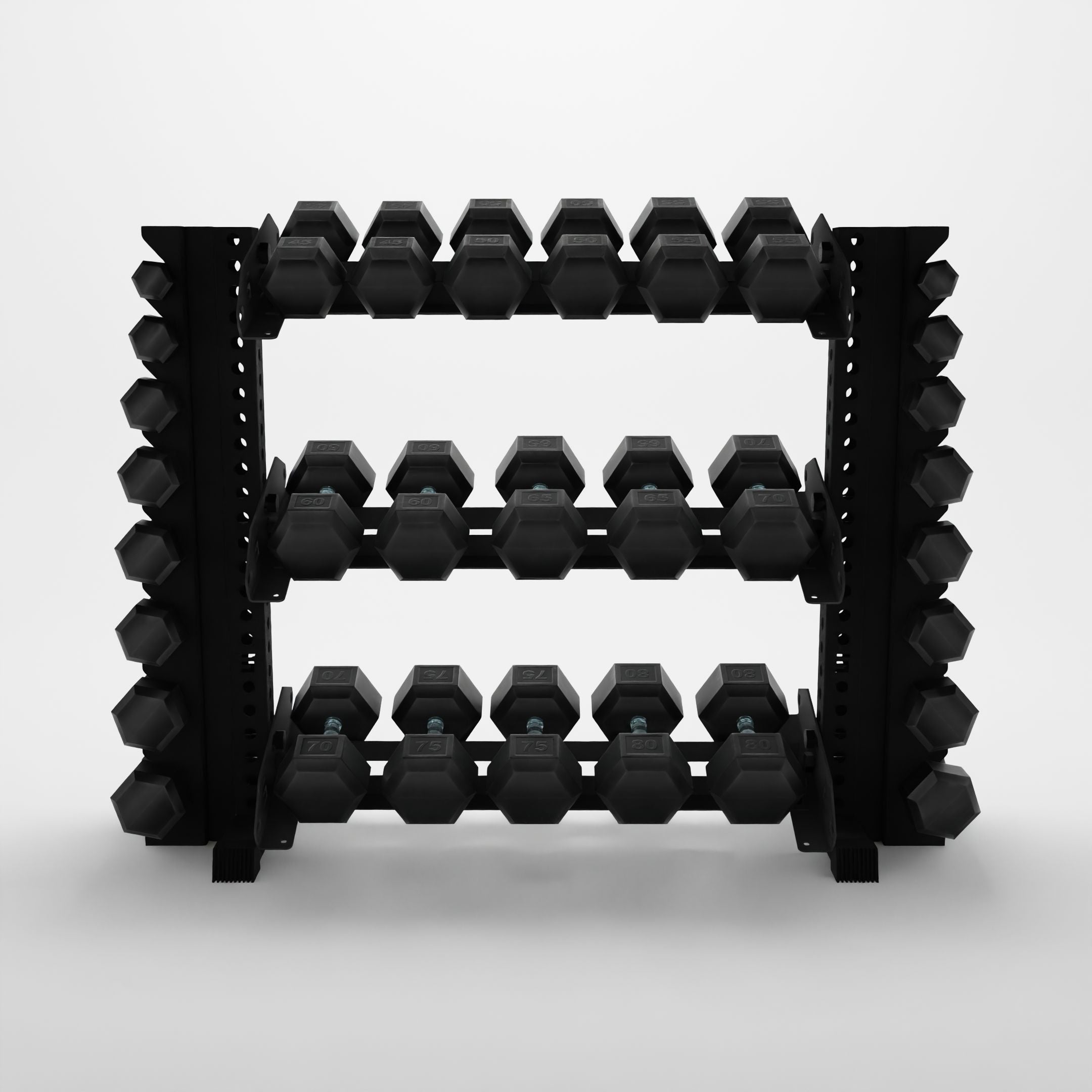 black 43-inch alpha 3-tier horizontal dumbbell rack with vertical add-ons storing hex dumbbells