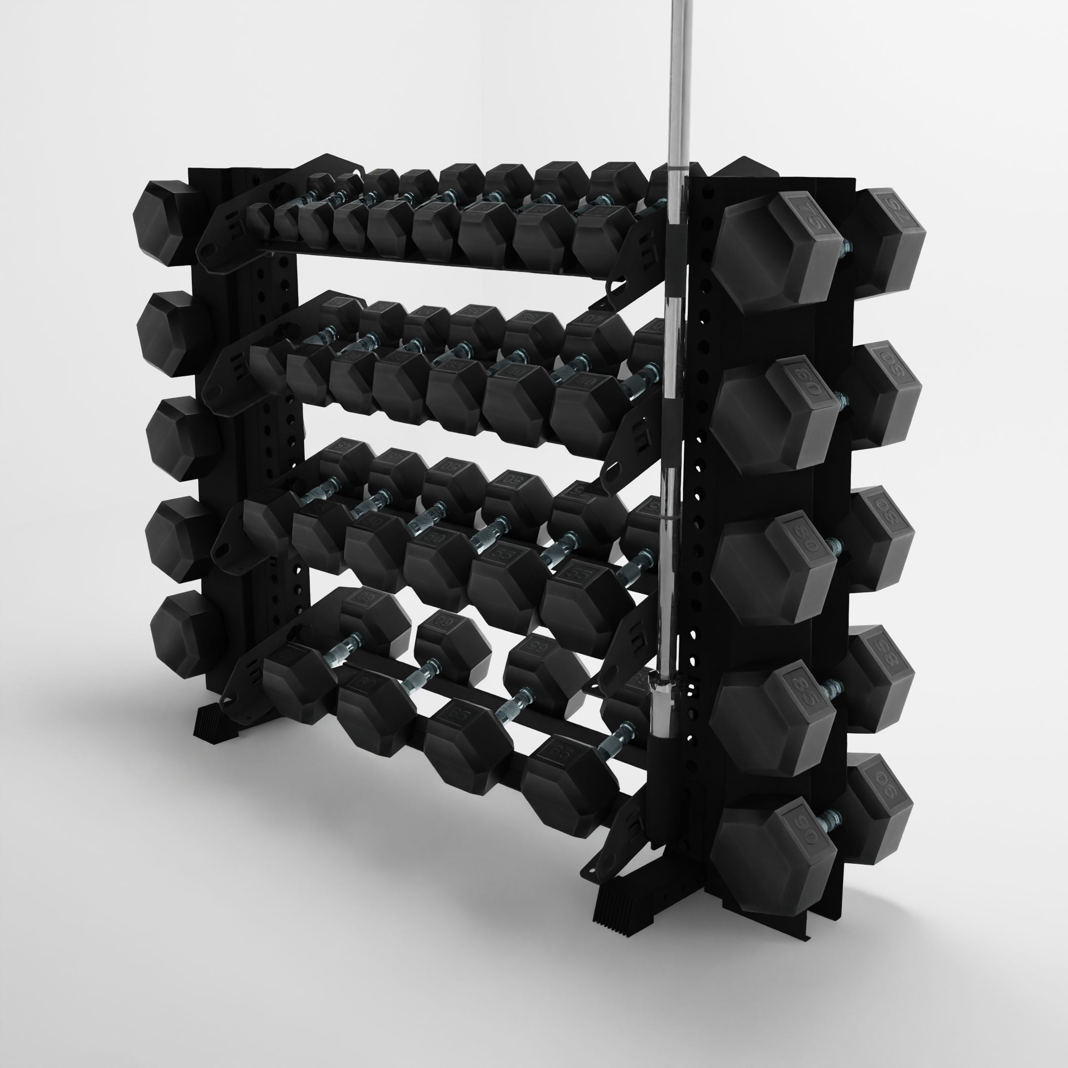 black 43-inch alpha 4-tier horizontal dumbbell rack with elite vertical add-ons storing hex dumbbells and a barbell using a storage attachment accessory