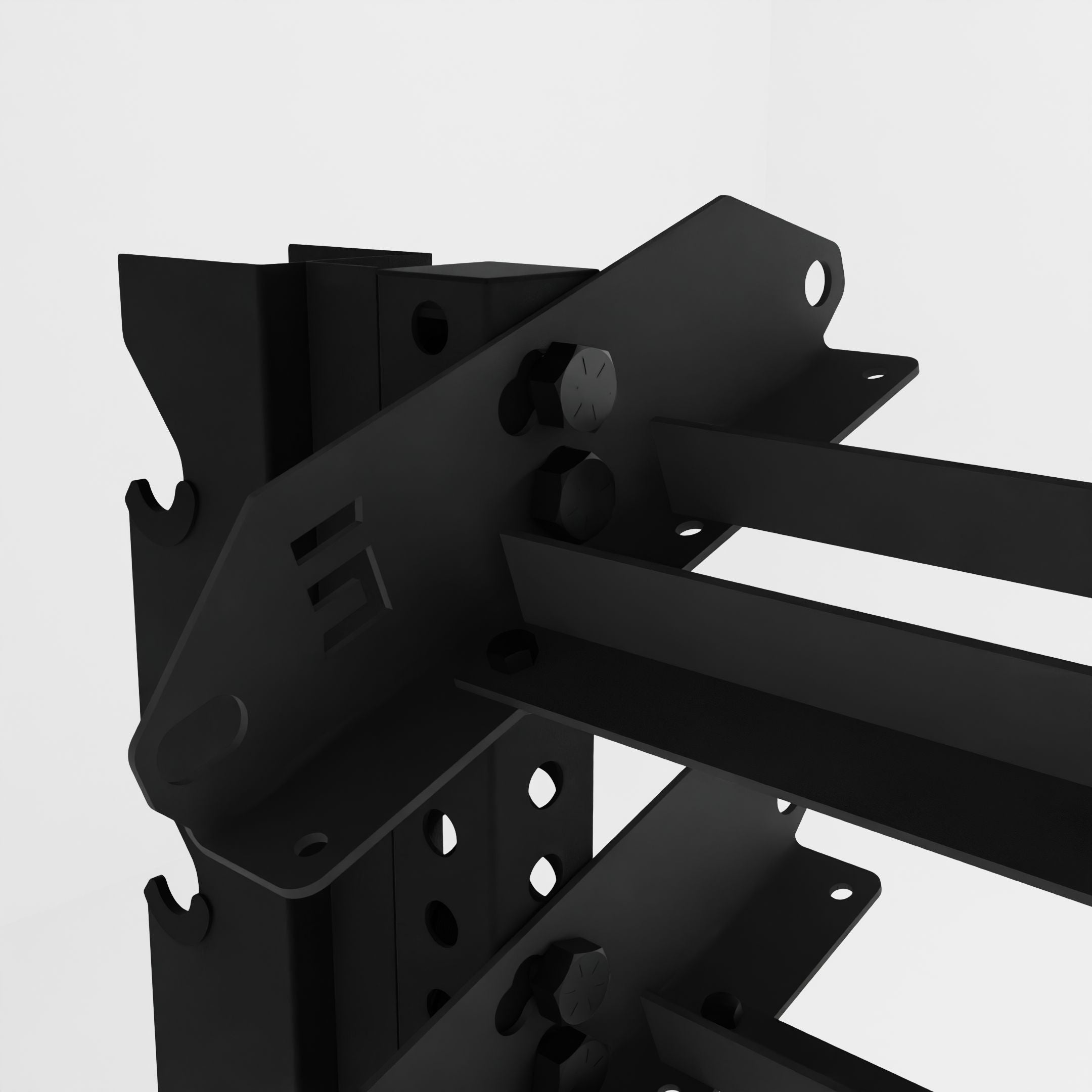 black 43-inch alpha 4-tier horizontal dumbbell rack with elite vertical add-ons close-up view