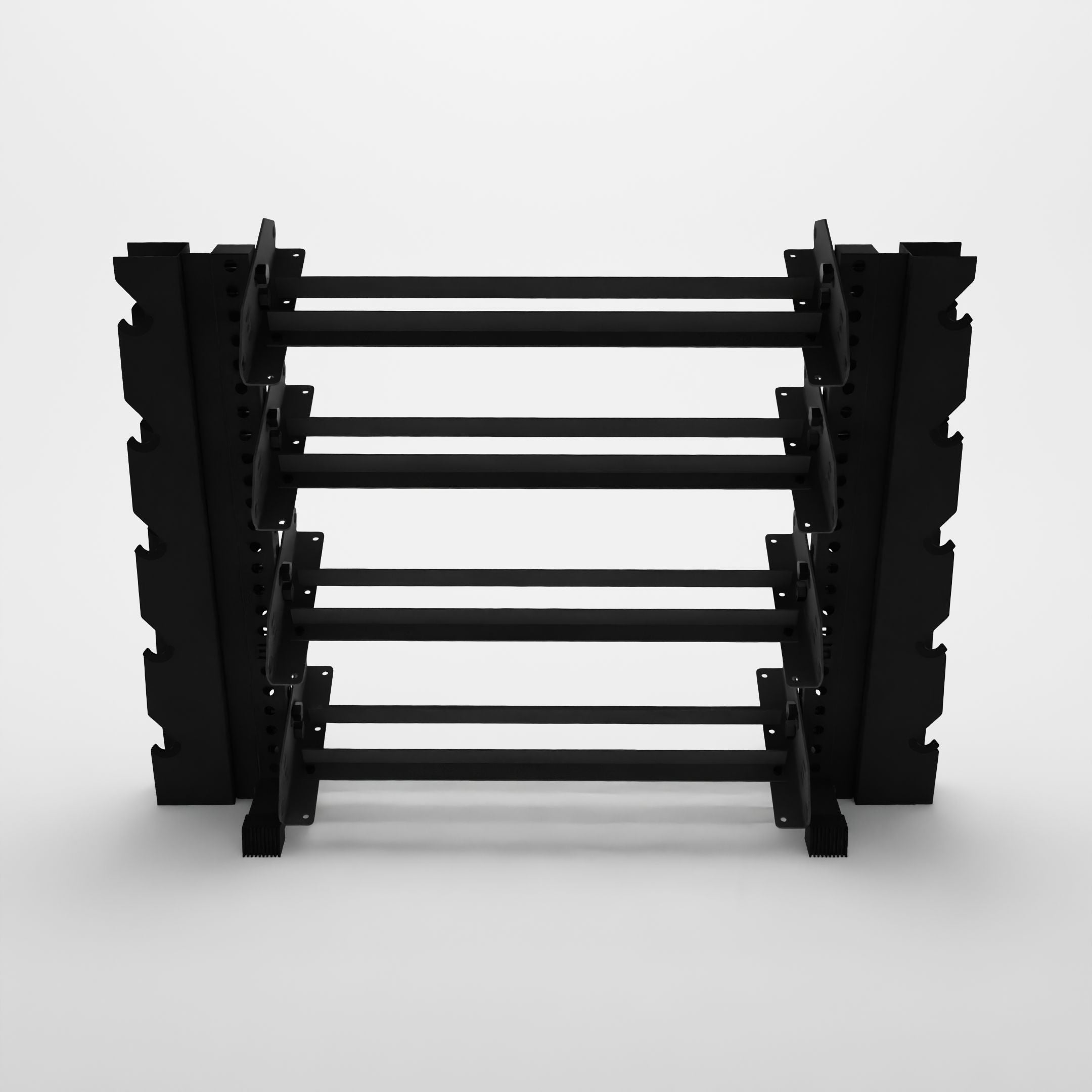 black 43-inch alpha 4-tier horizontal dumbbell rack with elite vertical add-ons