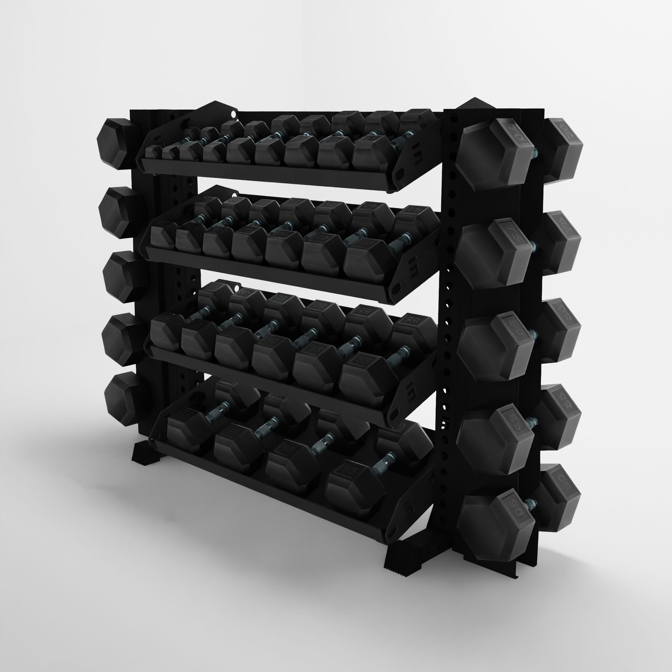 black 43-inch alpha 4-tier horizontal dumbbell rack with elite vertical add-ons and flat shelves storing hex dumbbells