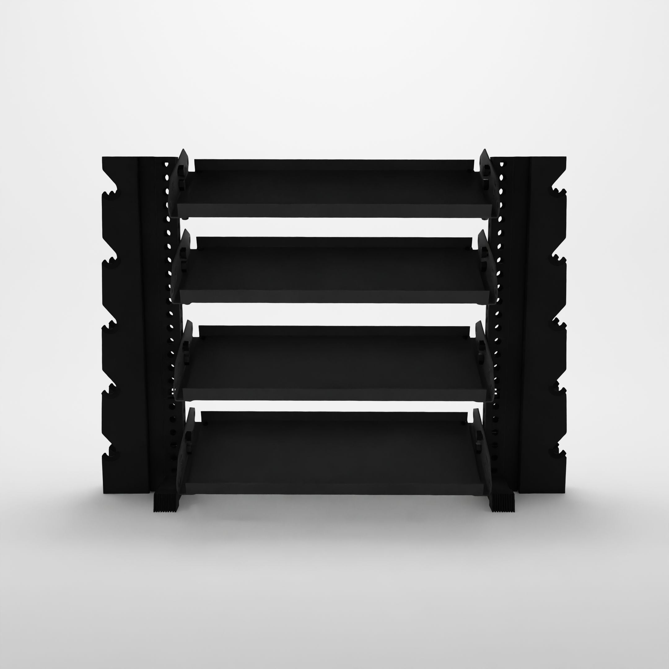 black 43-inch alpha 4-tier horizontal dumbbell rack with elite vertical add-ons and flat shelves