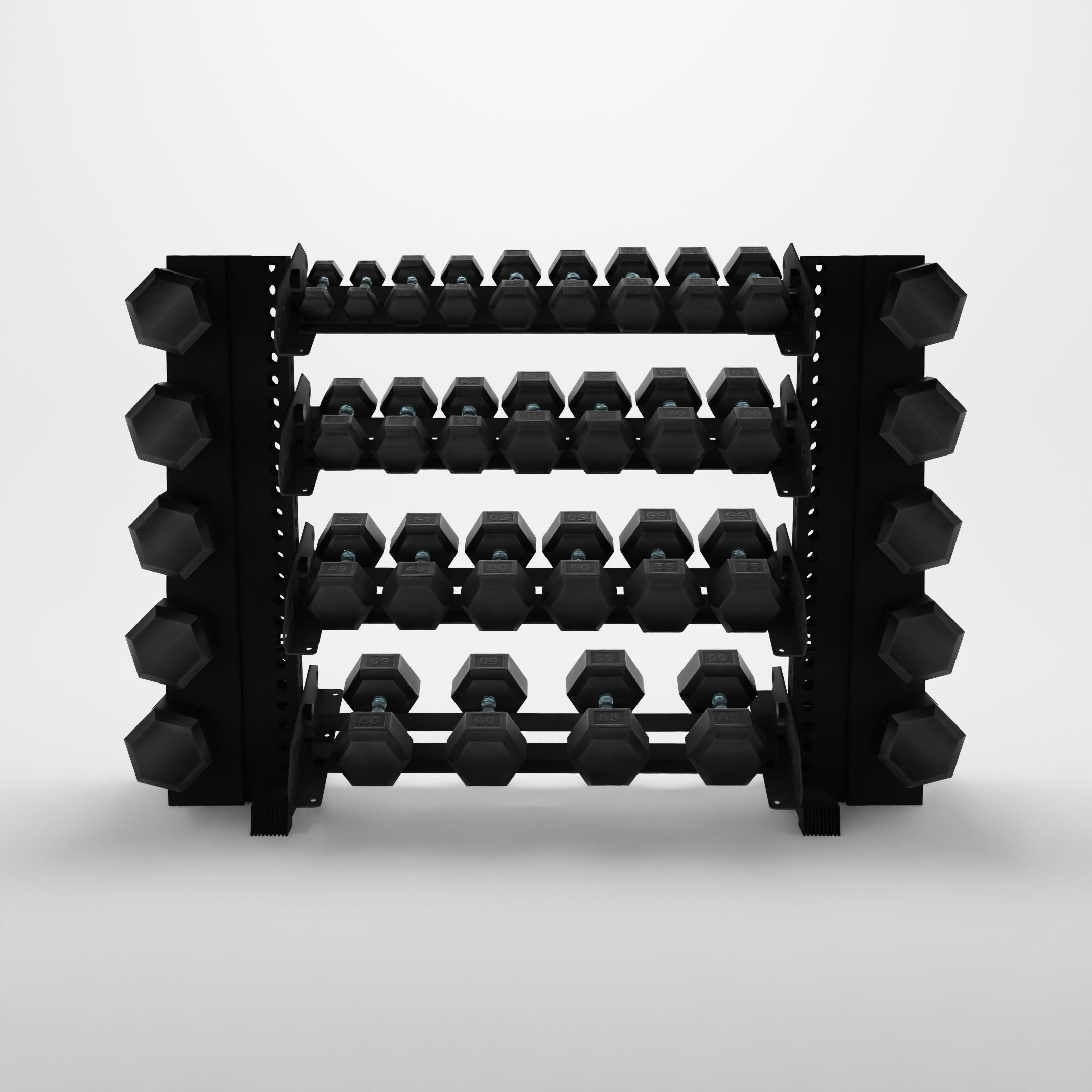 black 43-inch alpha 4-tier horizontal dumbbell rack with elite vertical add-ons storing hex dumbbells