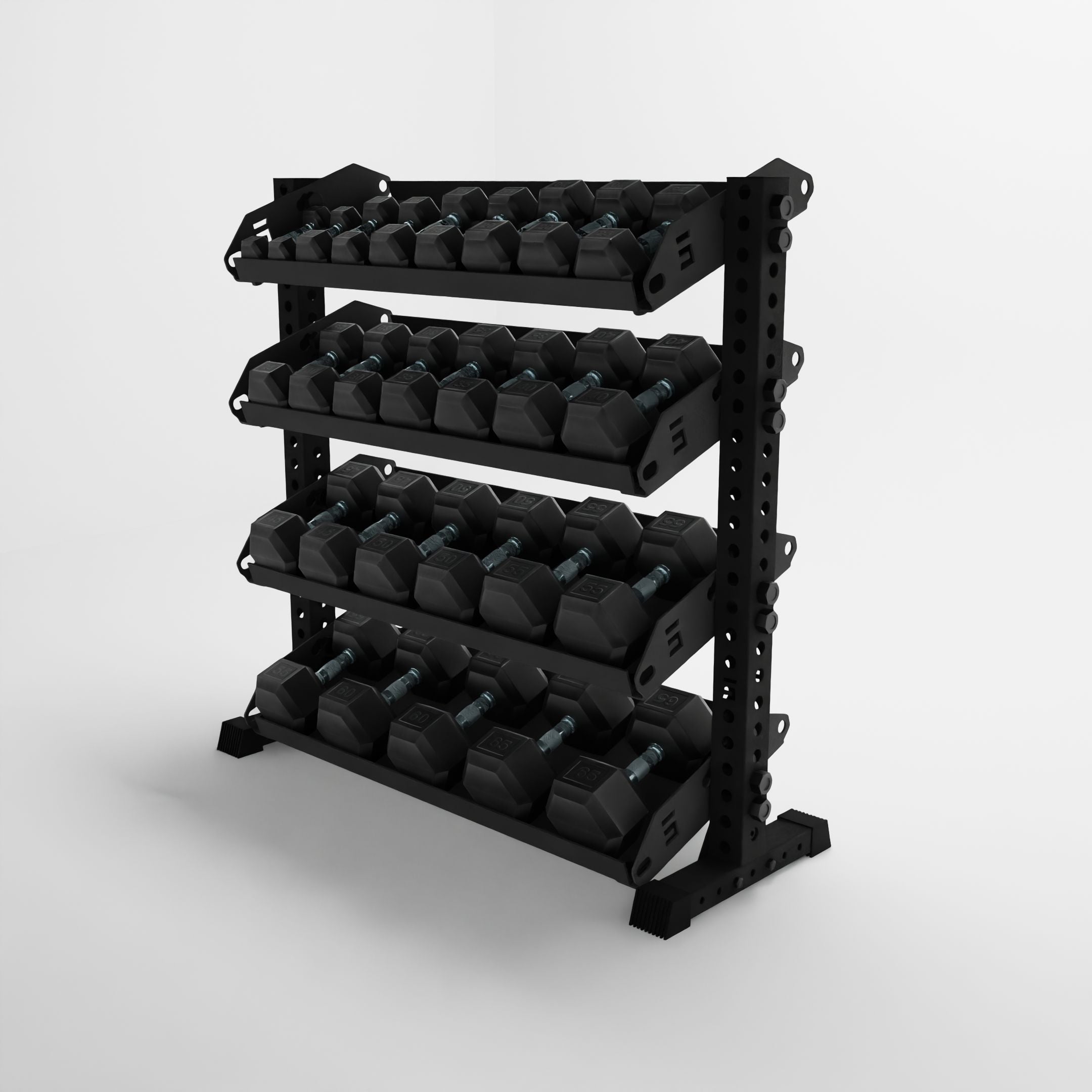 black 43-inch alpha 4-tier horizontal dumbbell rack with flat shelves storing hex dumbbells