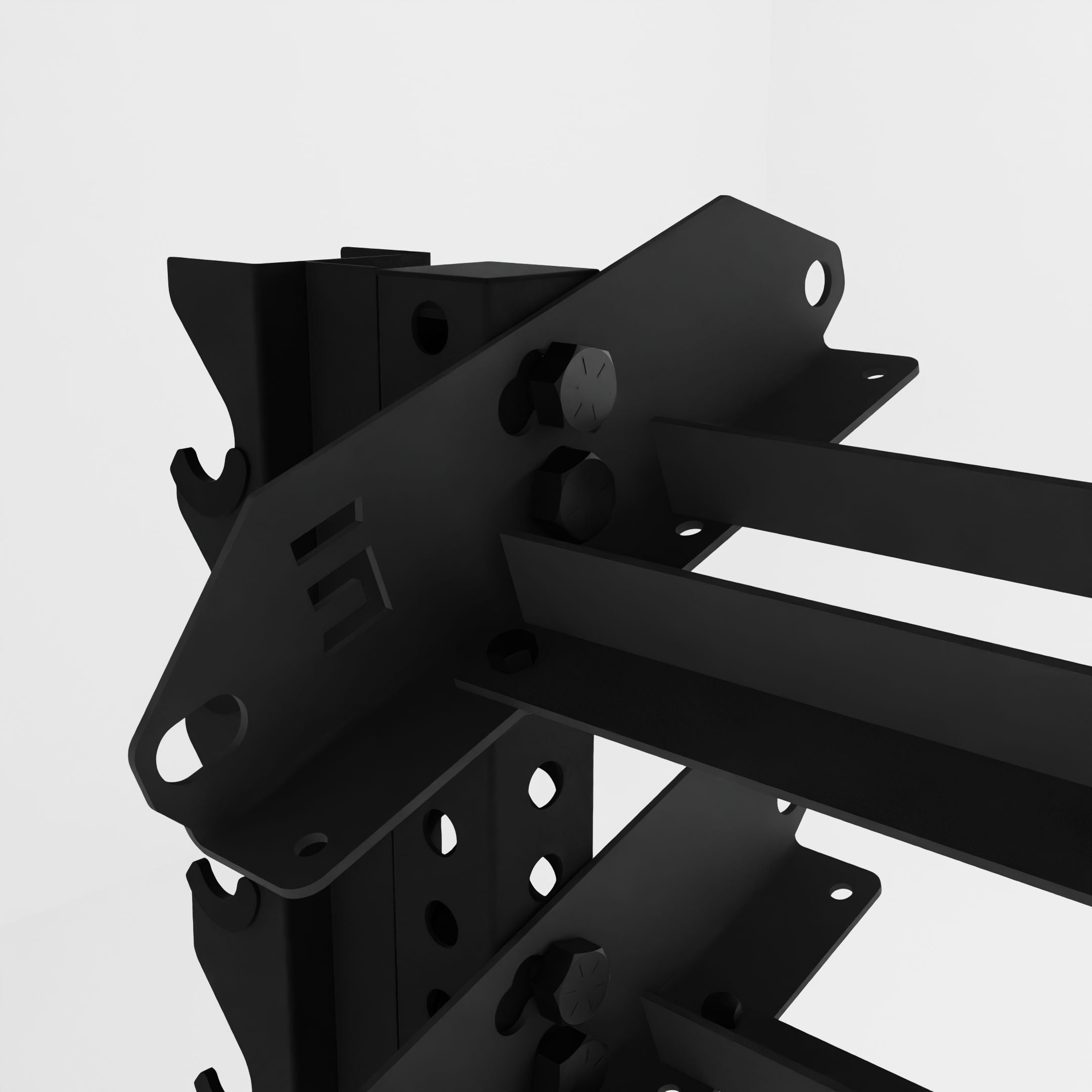 black 43-inch alpha 4-tier horizontal dumbbell rack with vertical add-ons close-up view