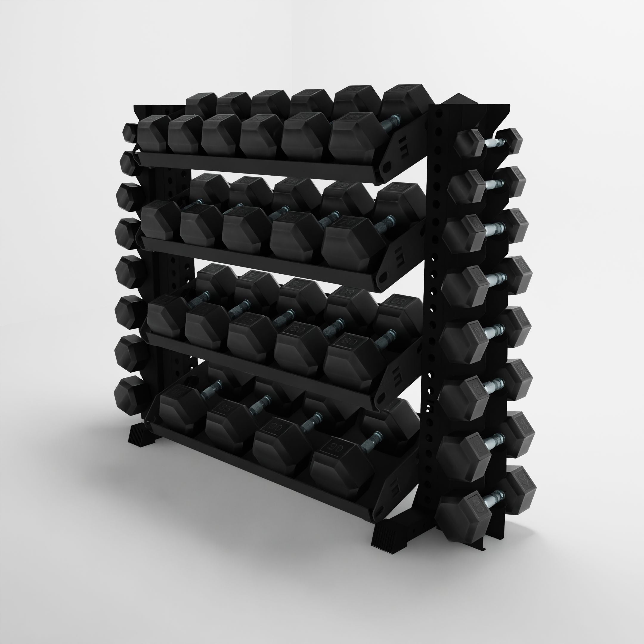 black 43-inch alpha 4-tier horizontal dumbbell rack with vertical add-ons and flat shelves storing hex dumbbells side view