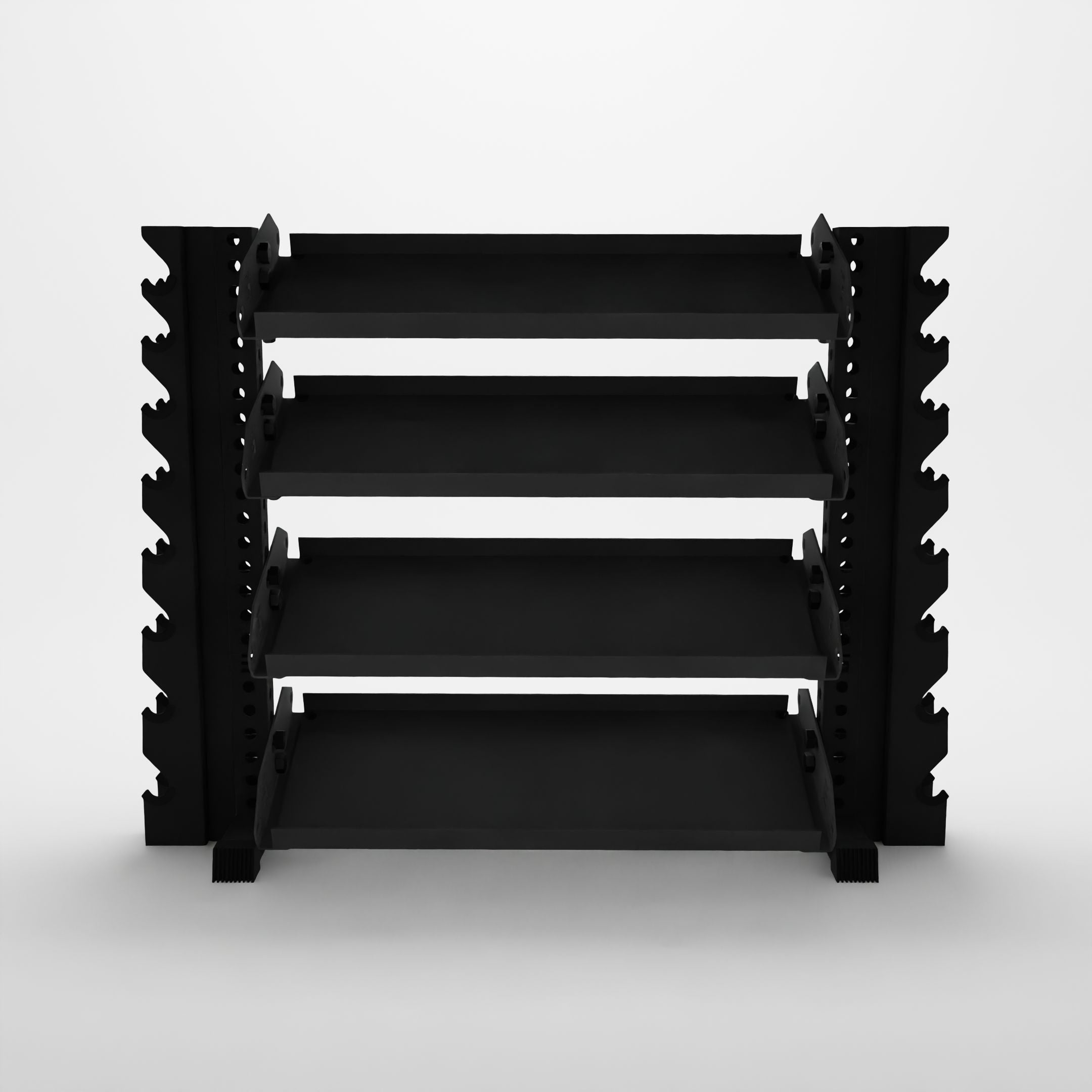 black 43-inch alpha 4-tier horizontal dumbbell rack with vertical add-ons and flat shelves