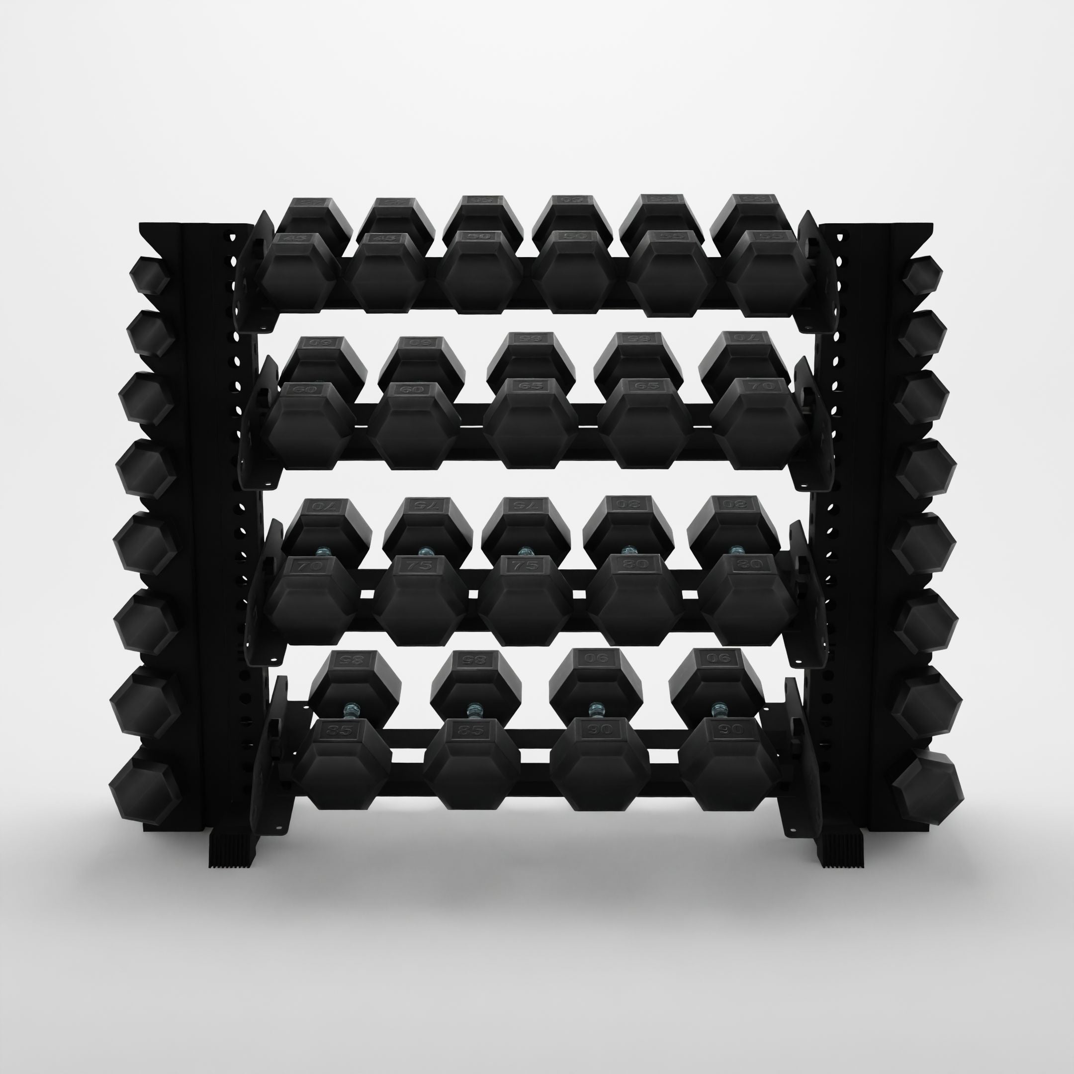 black 43-inch alpha 4-tier horizontal dumbbell rack with vertical add-ons storing hex dumbbells