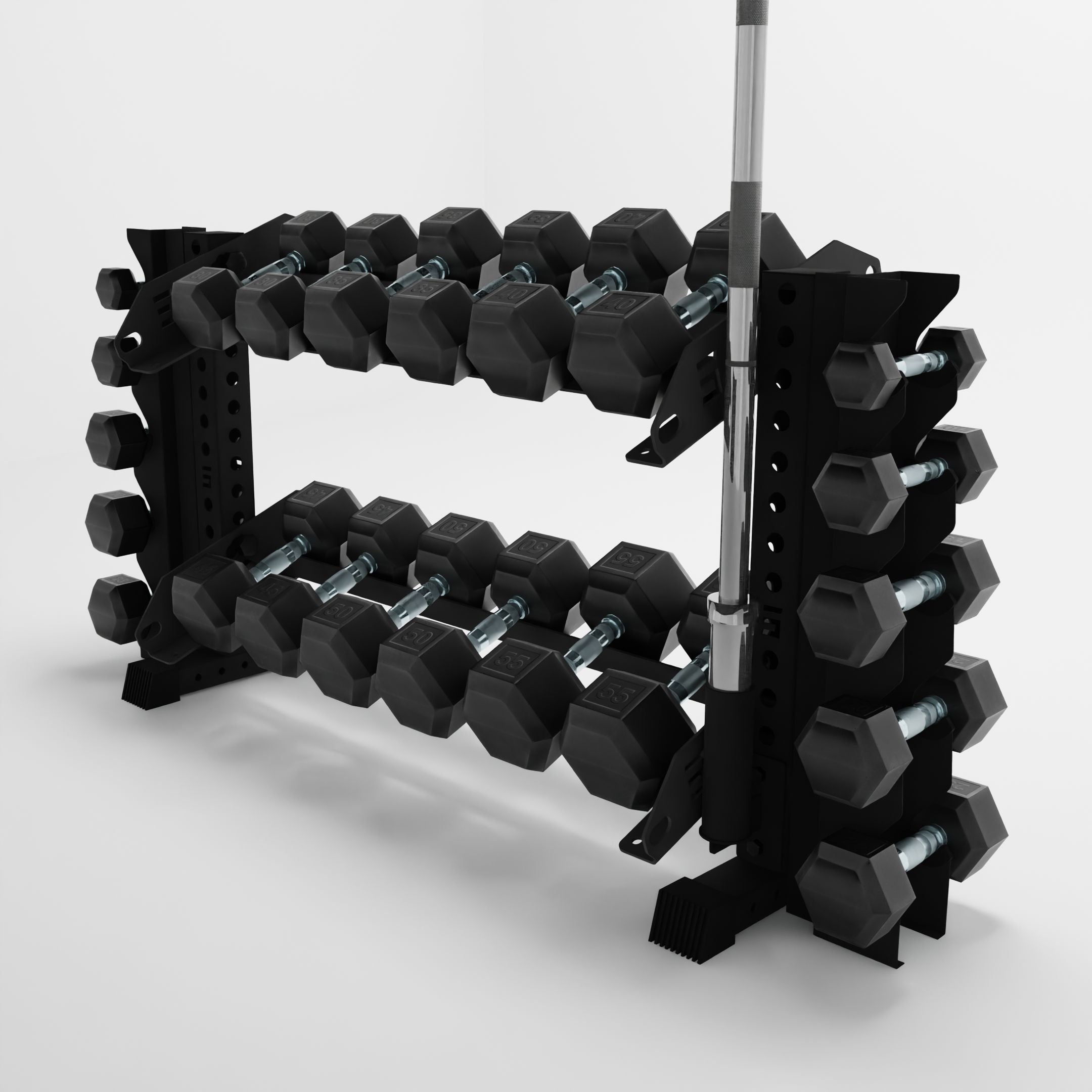 black 43-inch bravo 2-tier horizontal dumbbell rack with vertical add-ons storing dumbbells and a barbell using a storage attachment accessory