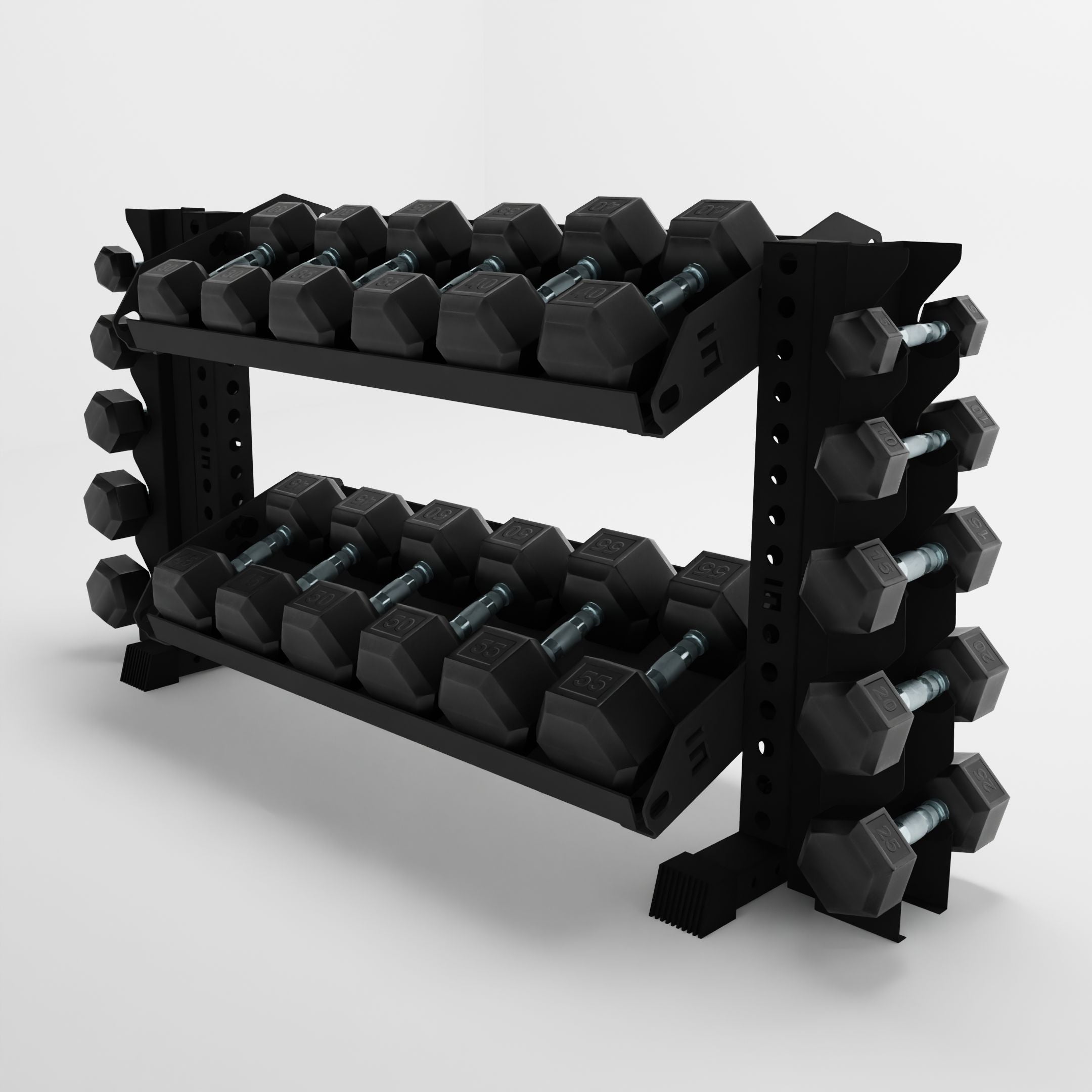 black 43-inch bravo 2-tier horizontal dumbbell rack with vertical add-ons and flat shelves storing dumbbells side view