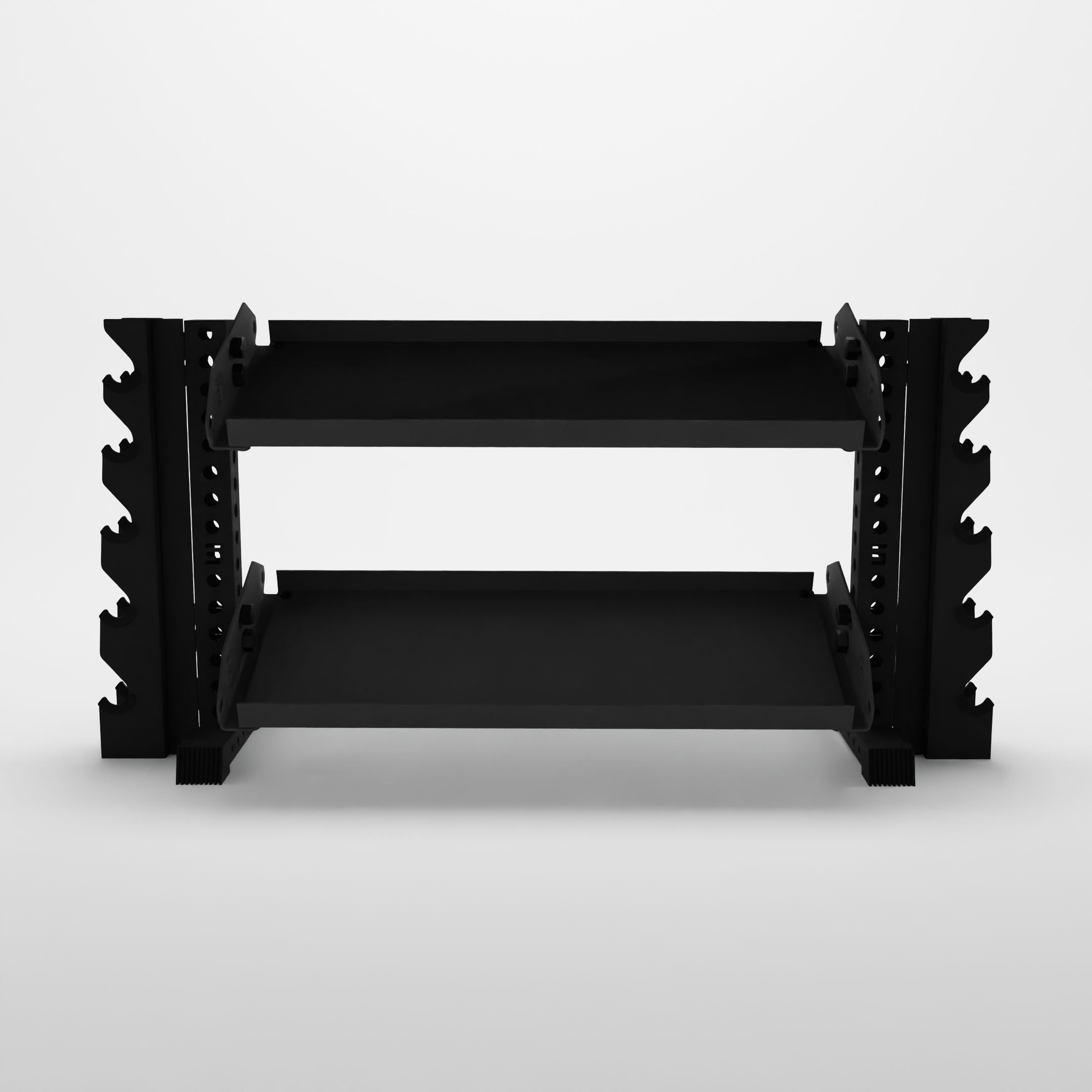 black 43-inch bravo 2-tier horizontal dumbbell rack with vertical add-ons and flat shelves