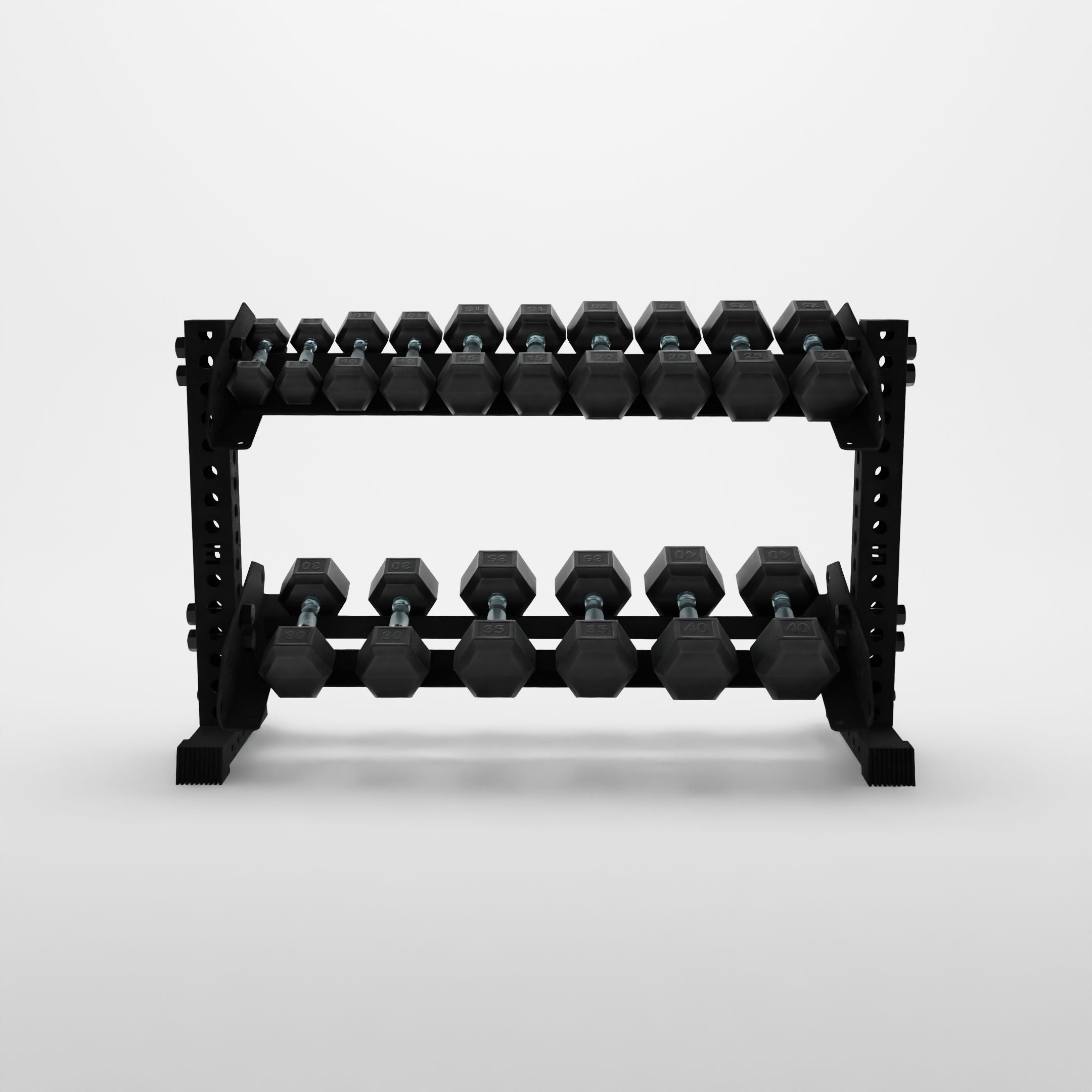 black 43-inch bravo 2-tier horizontal dumbbell rack storing hex dumbbells