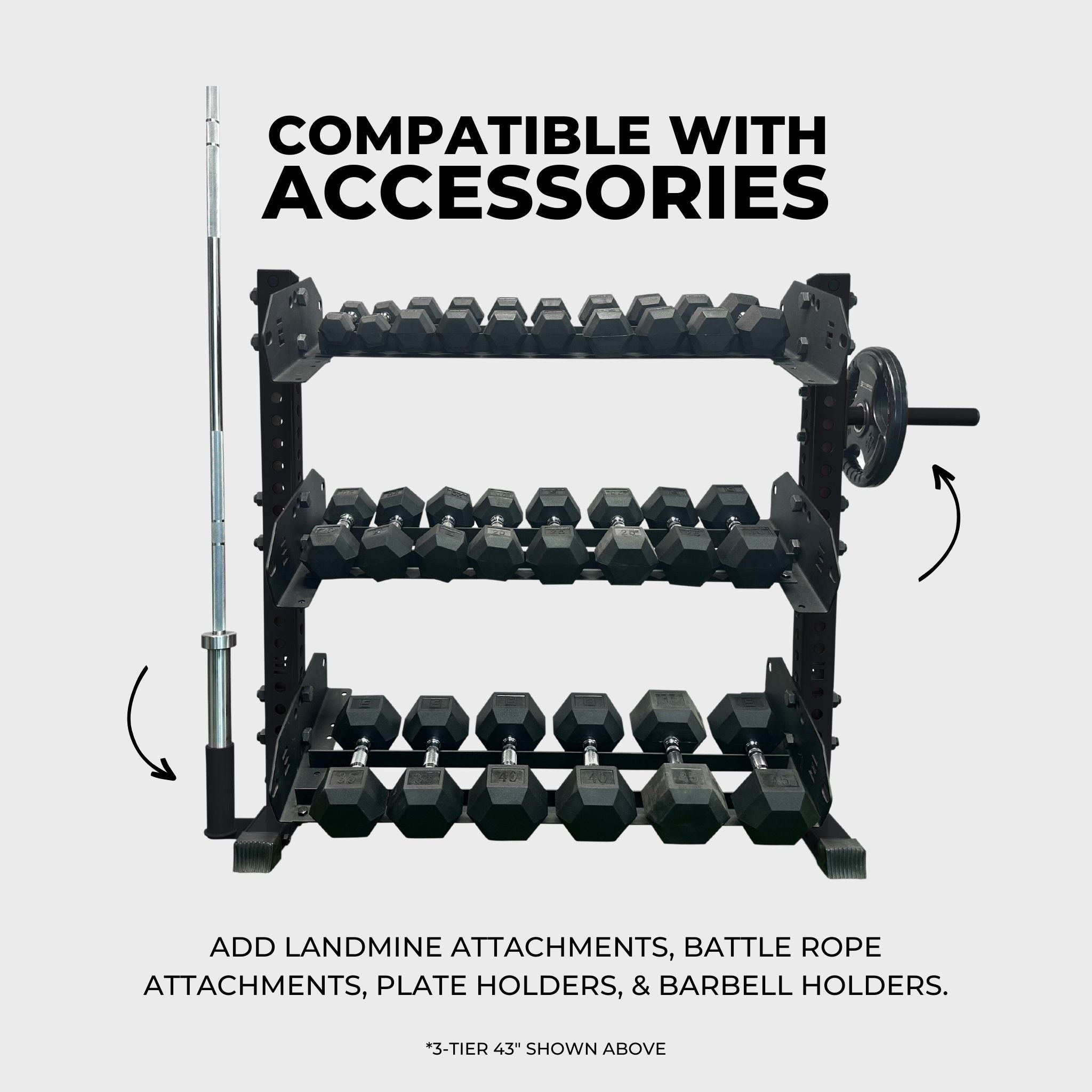 black 3-tier horizontal dumbbell rack holding hex dumbbells, a barbell in a barbell holder attachment accessory, and a weight plate on a weight plate holder attachment accessory with text reading "compatible with accessories: add landmine attachments, battle rope attachments, plate holders, and barbell holders"