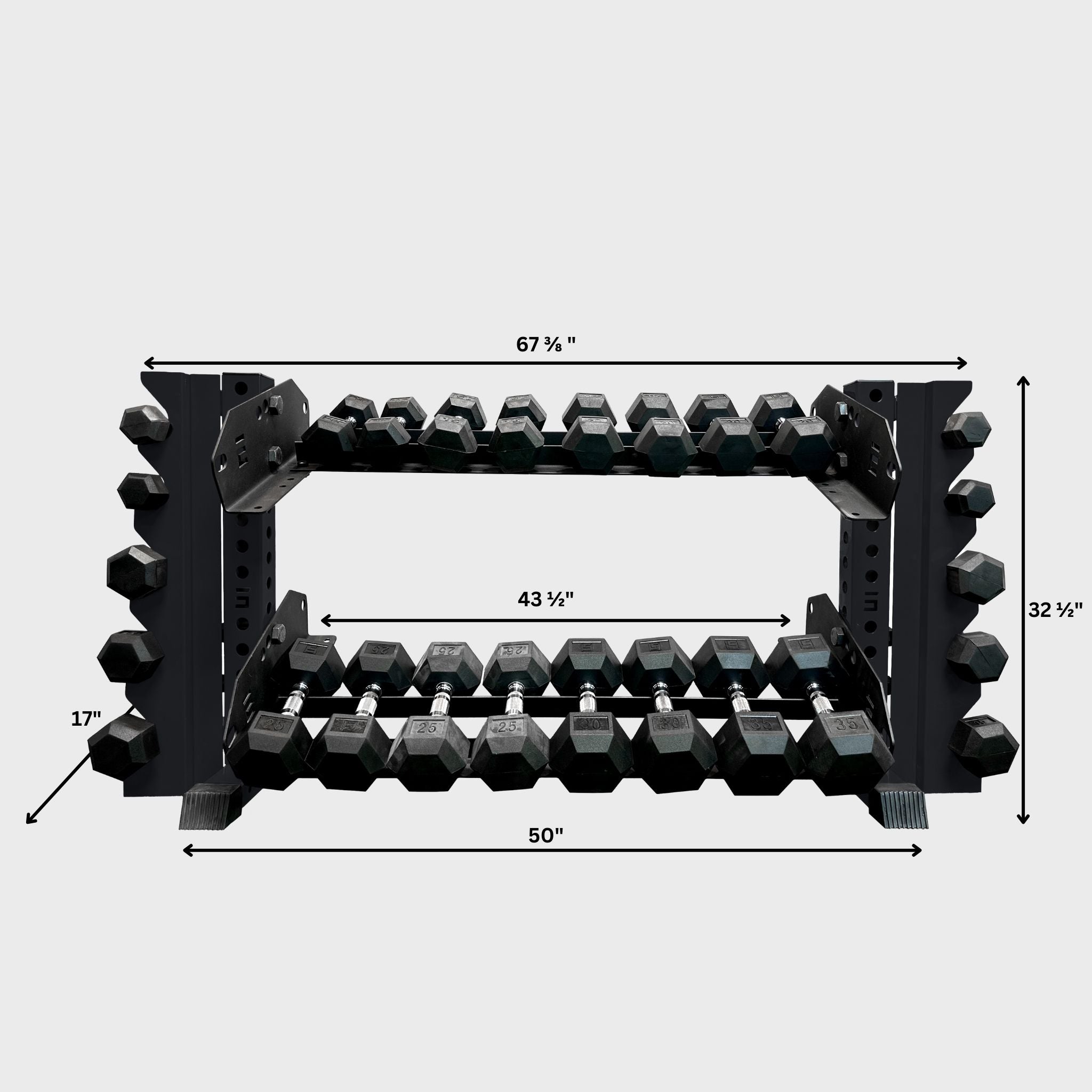 black 43-inch bravo 2-tier horizontal dumbbell storage rack loaded with hex dumbbells and its product dimensions