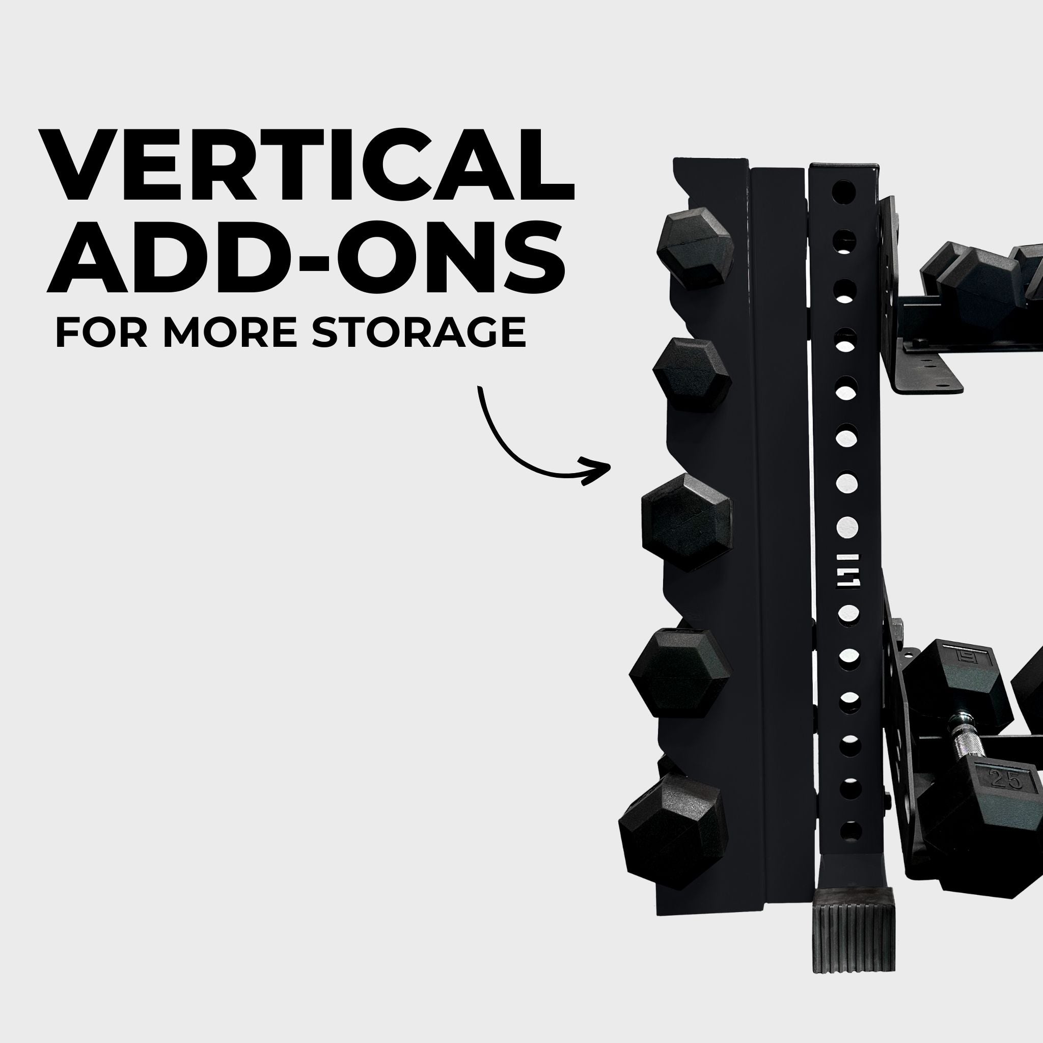 black 43-inch bravo 2-tier horizontal dumbbell storage rack holding hex dumbbells with a vertical add-on and text reading "vertical add-ons for more storage"