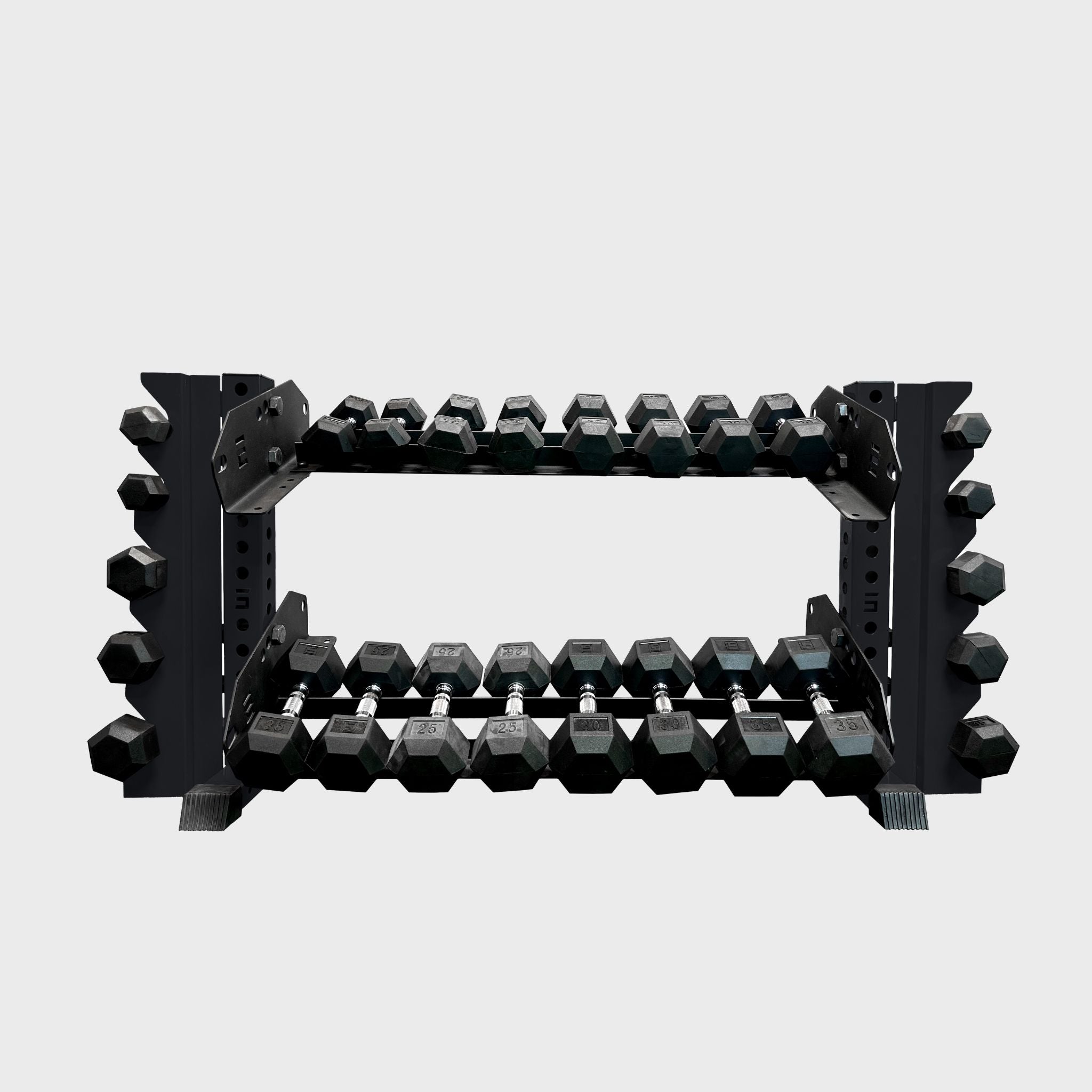 black 43-inch bravo 2-tier horizontal dumbbell storage rack loaded with hex dumbbells