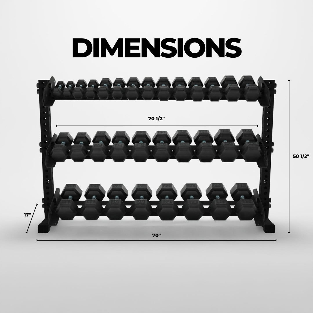 black 70-inch alpha 3-tier horizontal dumbbell rack dimensions