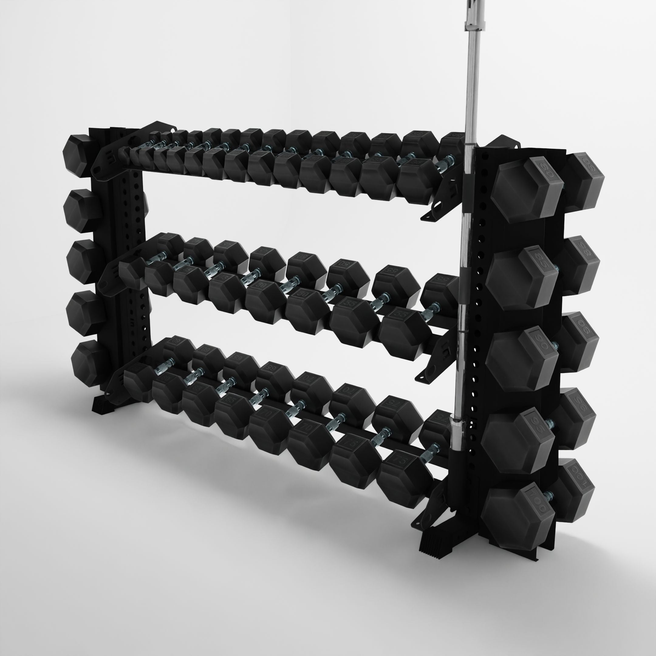 black 70-inch alpha 3-tier horizontal dumbbell rack with elite vertical add-ons storing dumbbells and a barbell using a storage attachment accessory