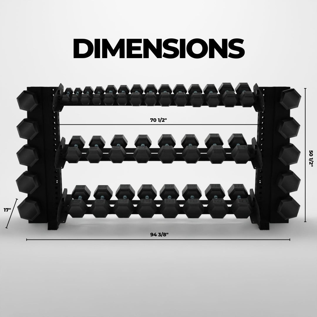 black 70-inch alpha 3-tier horizontal dumbbell rack with elite vertical add-ons dimensions